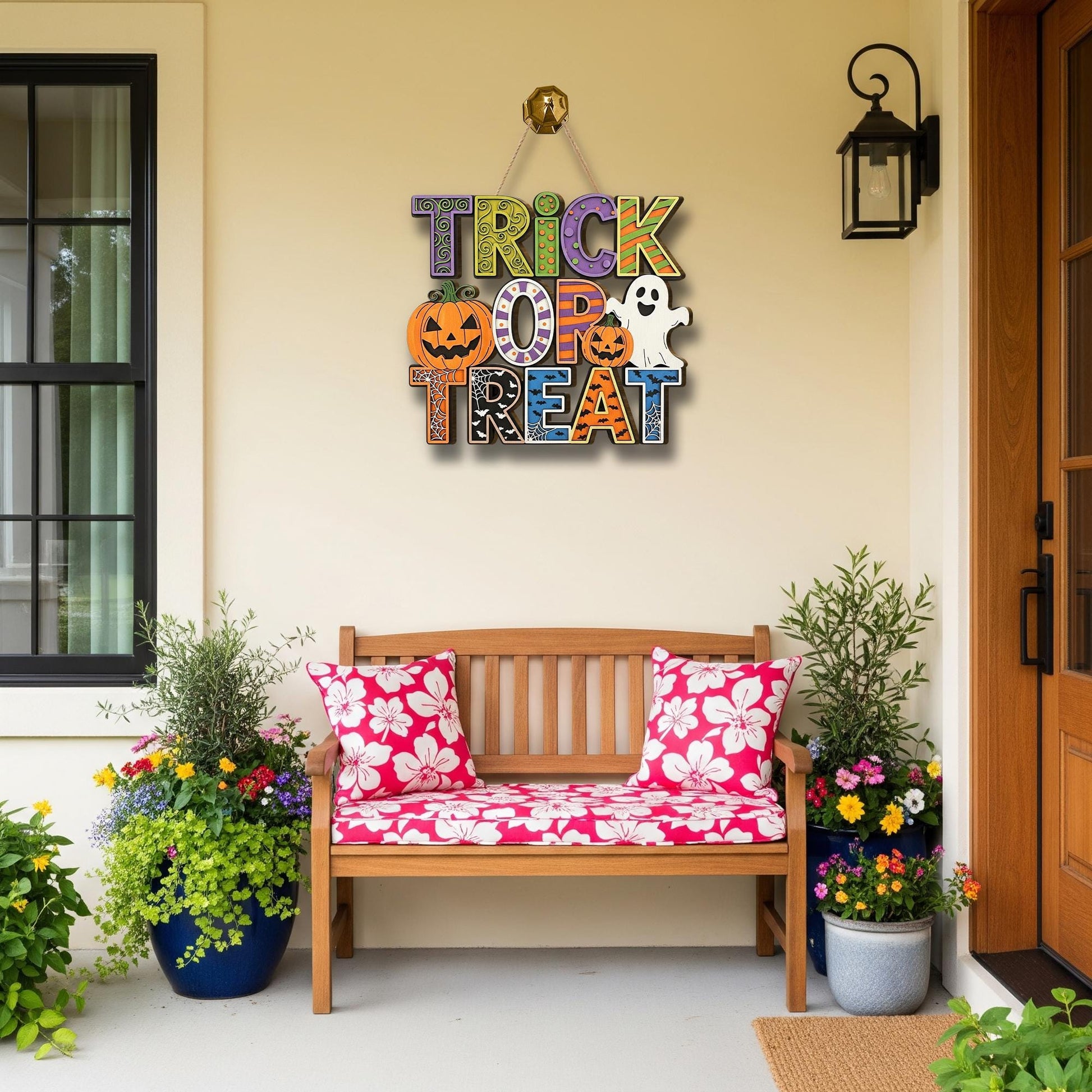 Trick or Treat Wooden Sign, Halloween Door Hanger with Ghost & Pumpkin, Spooky Porch Wall Decor, Cute Fall Party Decoration