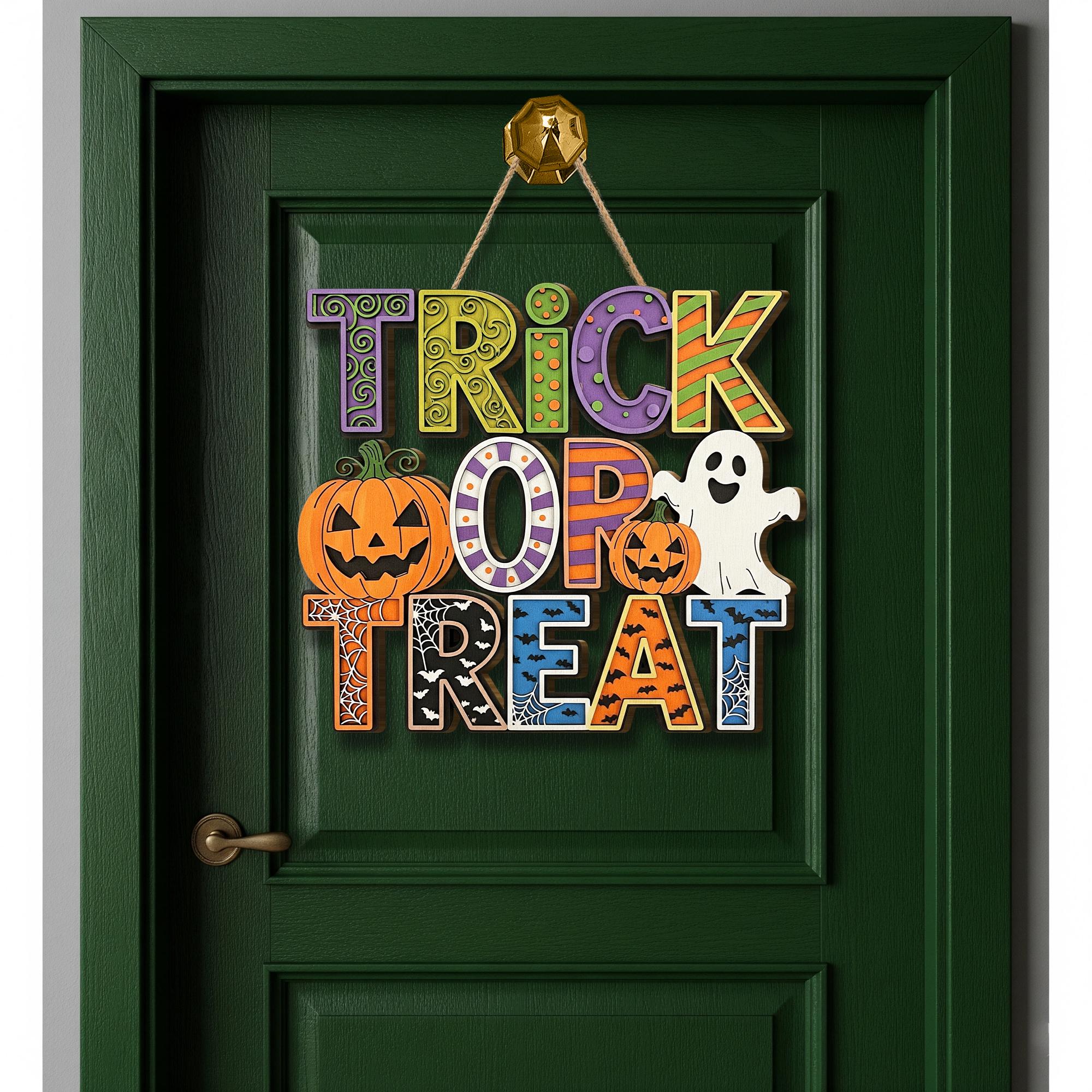 Trick or Treat Wooden Sign, Halloween Door Hanger with Ghost & Pumpkin, Spooky Porch Wall Decor, Cute Fall Party Decoration