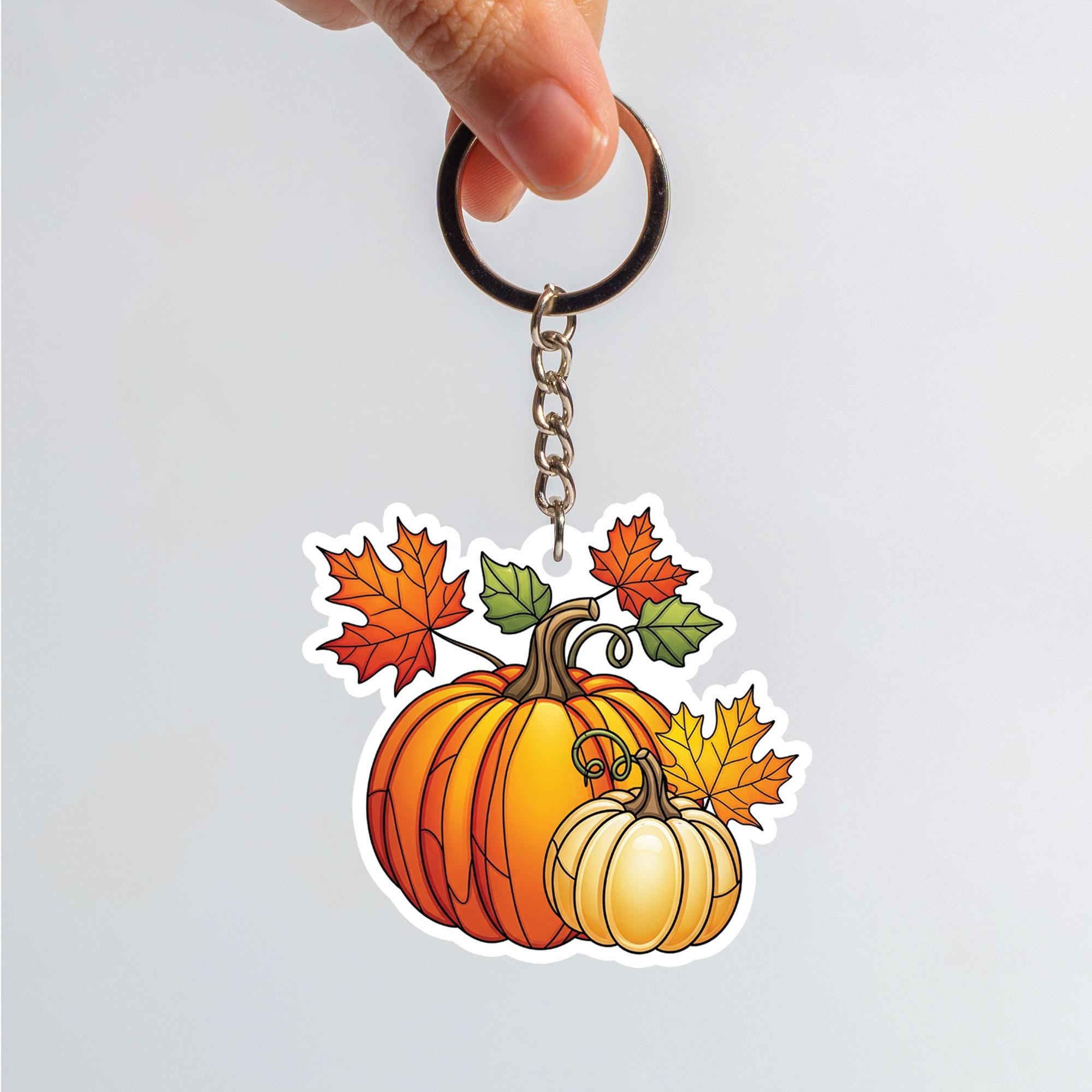 Pumpkin Keychain with Fall Leaves, Autumn Key Ring Charm, Cute Seasonal Accessory, Thanksgiving Gift, Cozy Harvest Key Holder
