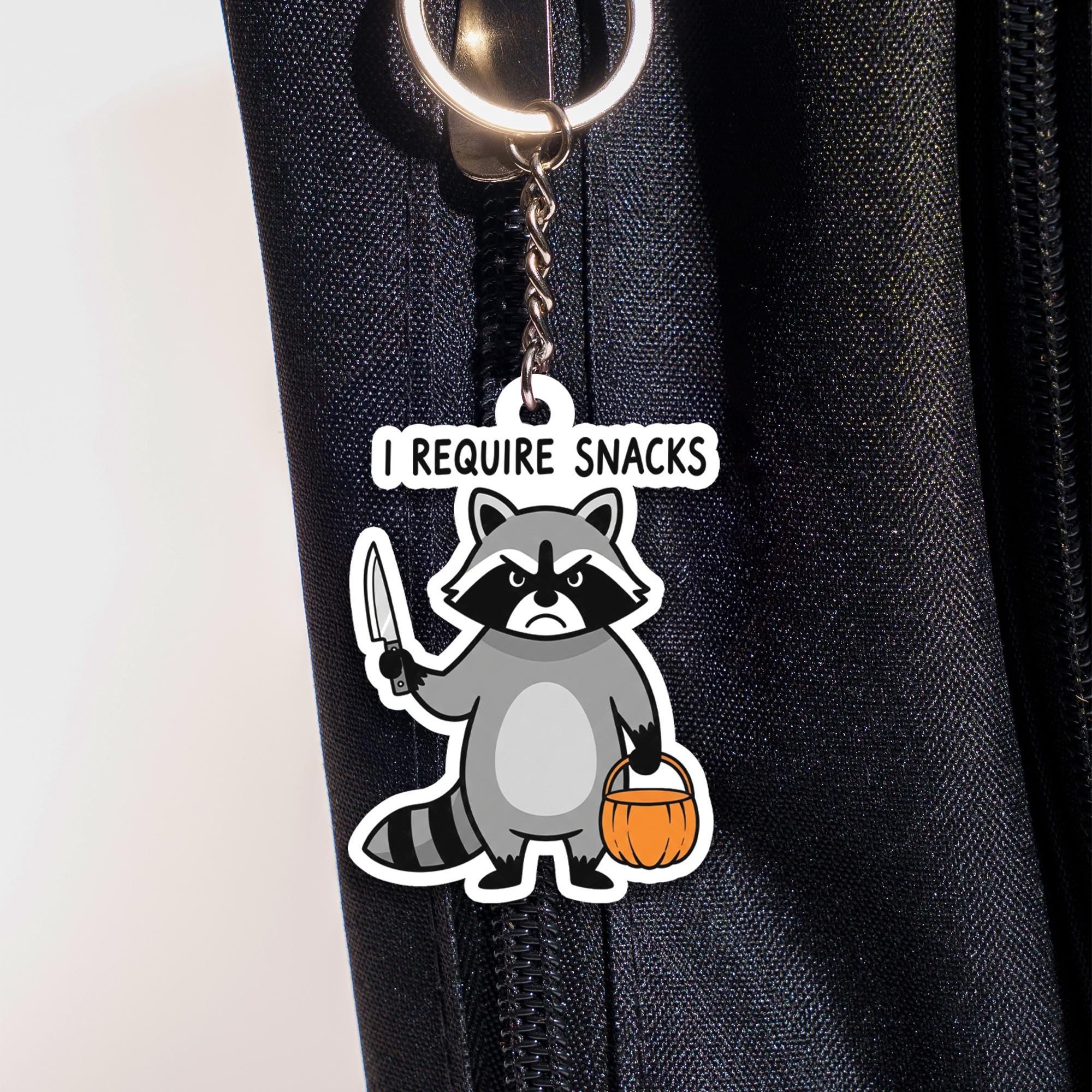 Funny Raccoon Keychain, I Require Snacks Key Ring, Cute Animal Charm, Halloween Trick or Treat Accessory, Quirky Gift for Friends