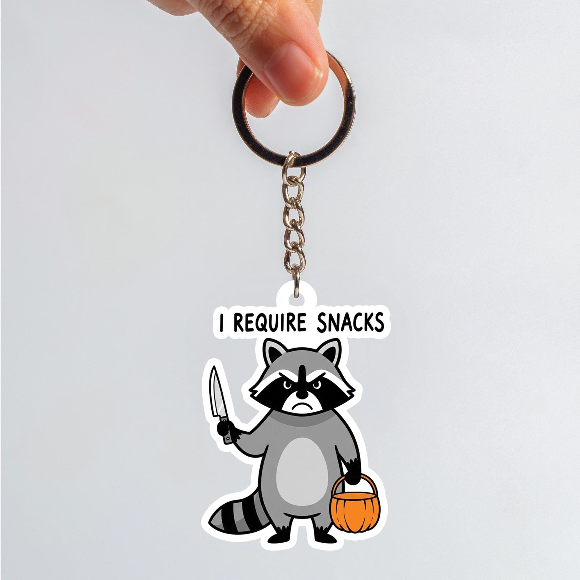 Funny Raccoon Keychain, I Require Snacks Key Ring, Cute Animal Charm, Halloween Trick or Treat Accessory, Quirky Gift for Friends