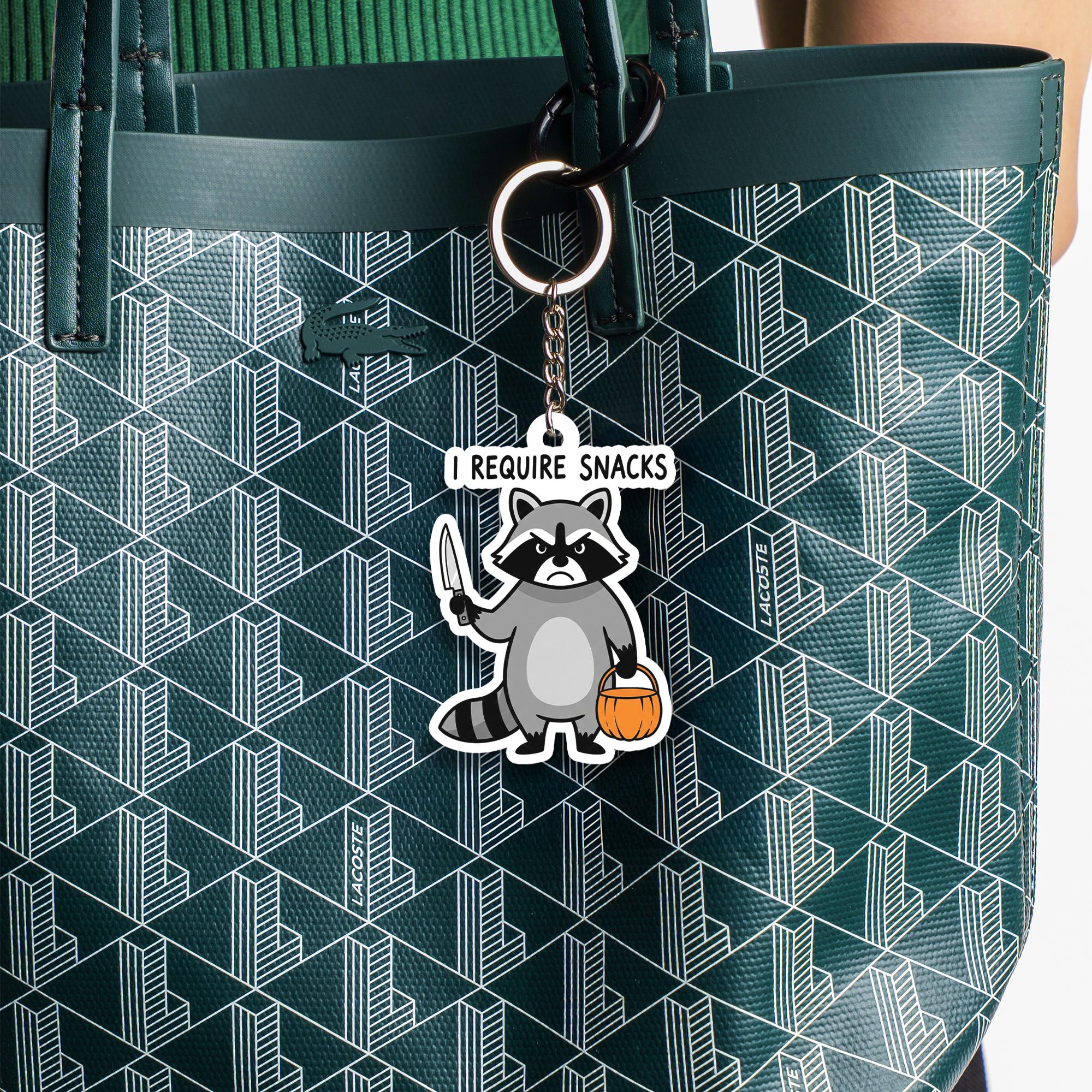 Funny Raccoon Keychain, I Require Snacks Key Ring, Cute Animal Charm, Halloween Trick or Treat Accessory, Quirky Gift for Friends