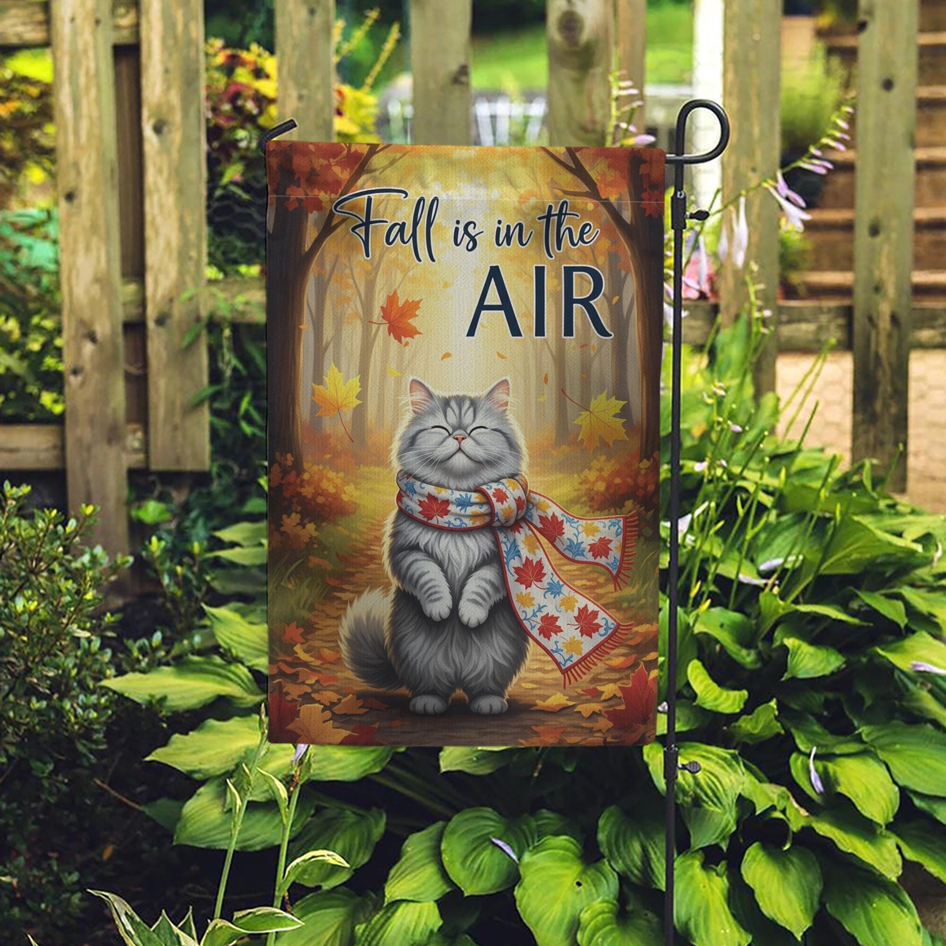 Fall Cat Garden Flag, Autumn Outdoor Yard Decor, Cozy Kitty with Scarf Seasonal Flag, Cute Fall Porch Decoration for Cat Lovers
