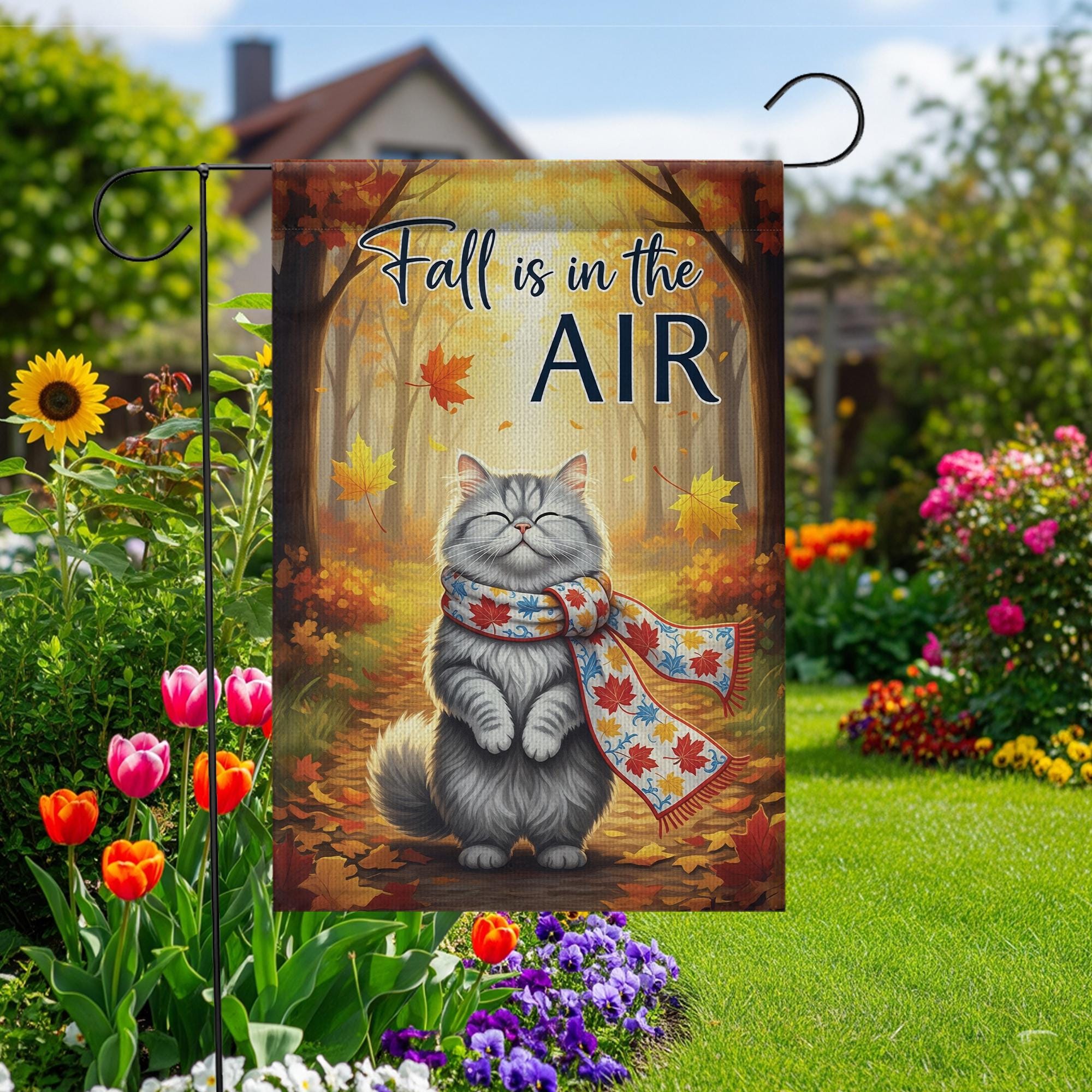 Fall Cat Garden Flag, Autumn Outdoor Yard Decor, Cozy Kitty with Scarf Seasonal Flag, Cute Fall Porch Decoration for Cat Lovers