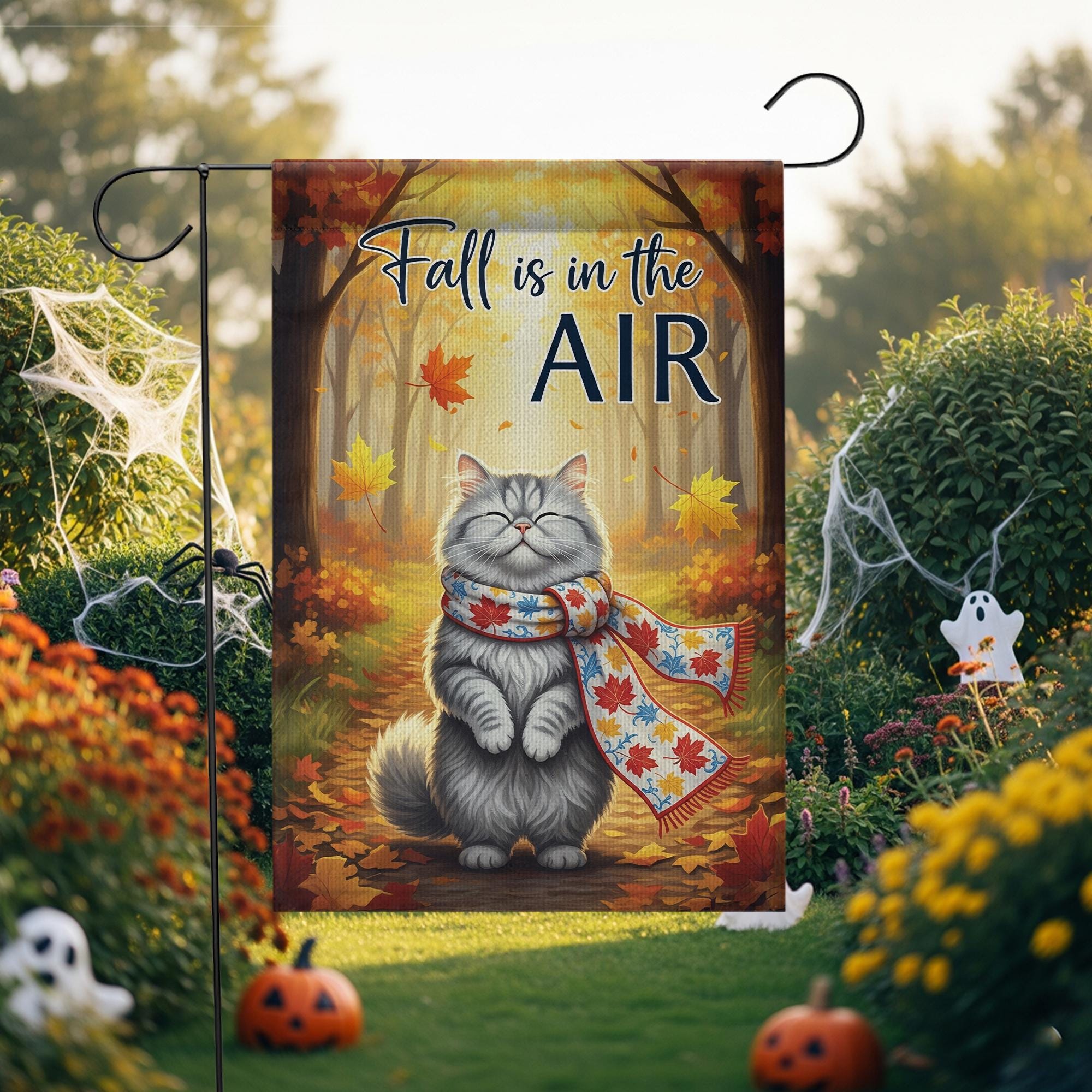 Fall Cat Garden Flag, Autumn Outdoor Yard Decor, Cozy Kitty with Scarf Seasonal Flag, Cute Fall Porch Decoration for Cat Lovers