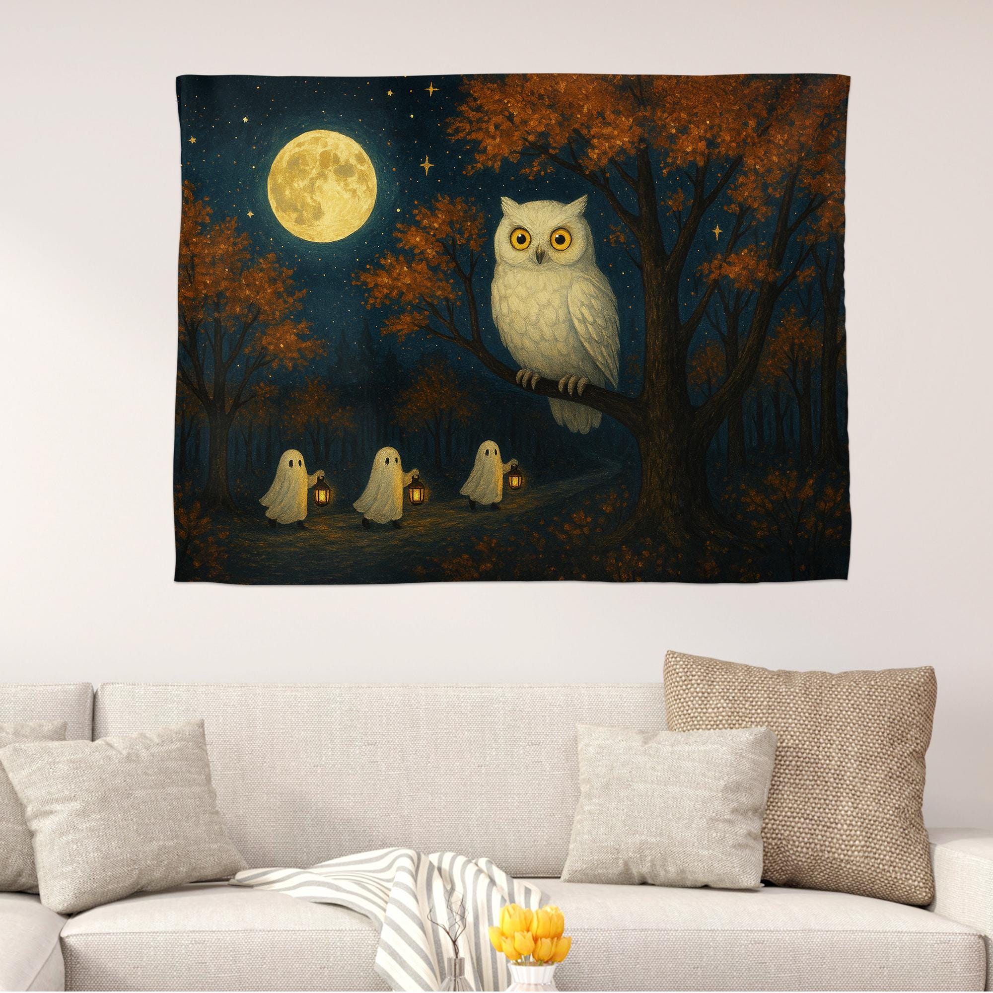 Halloween Owl Tapestry, Spooky Ghosts Wall Hanging, Full Moon Forest Scene, Gothic Witchy Home Decor, Autumn Living Room Art