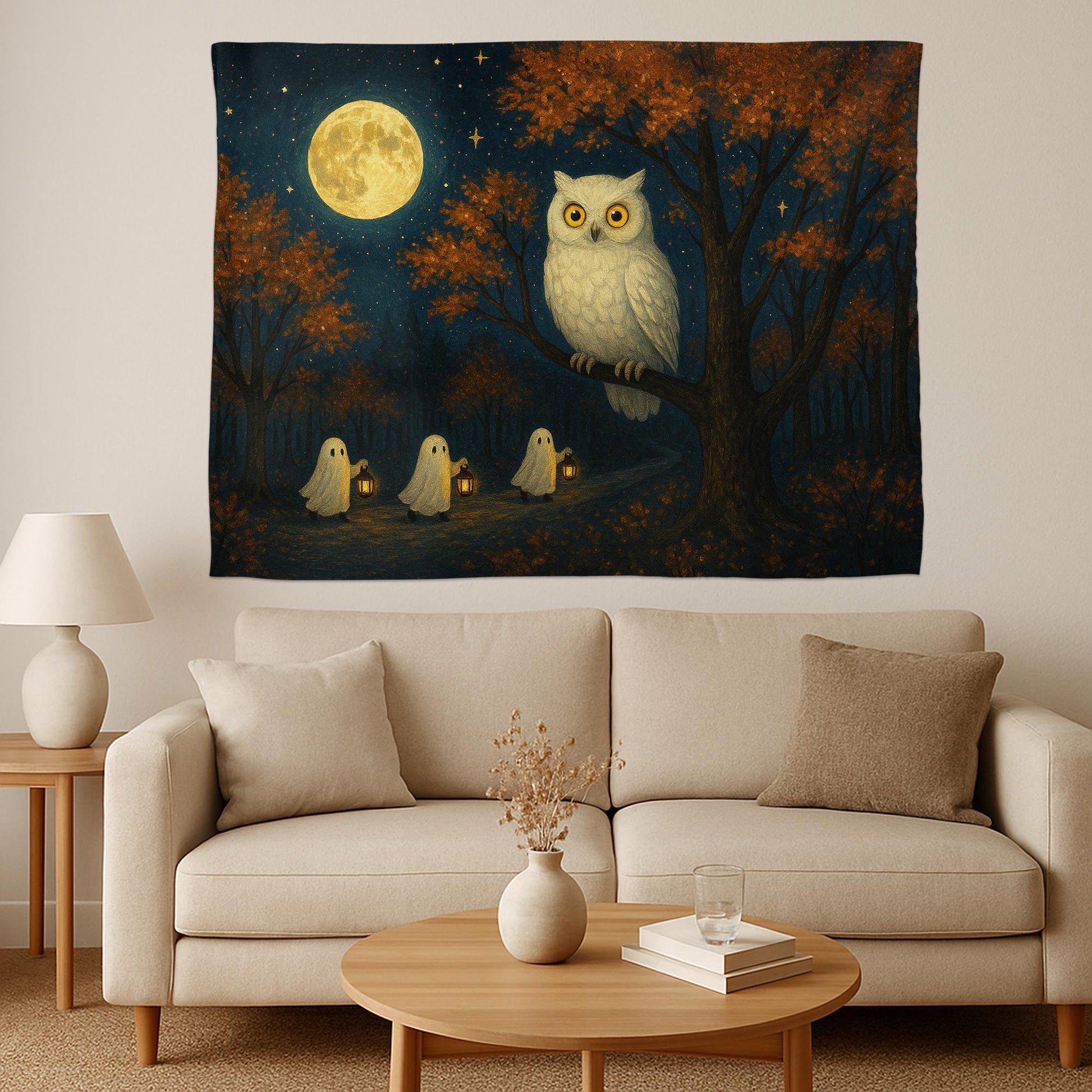 Halloween Owl Tapestry, Spooky Ghosts Wall Hanging, Full Moon Forest Scene, Gothic Witchy Home Decor, Autumn Living Room Art