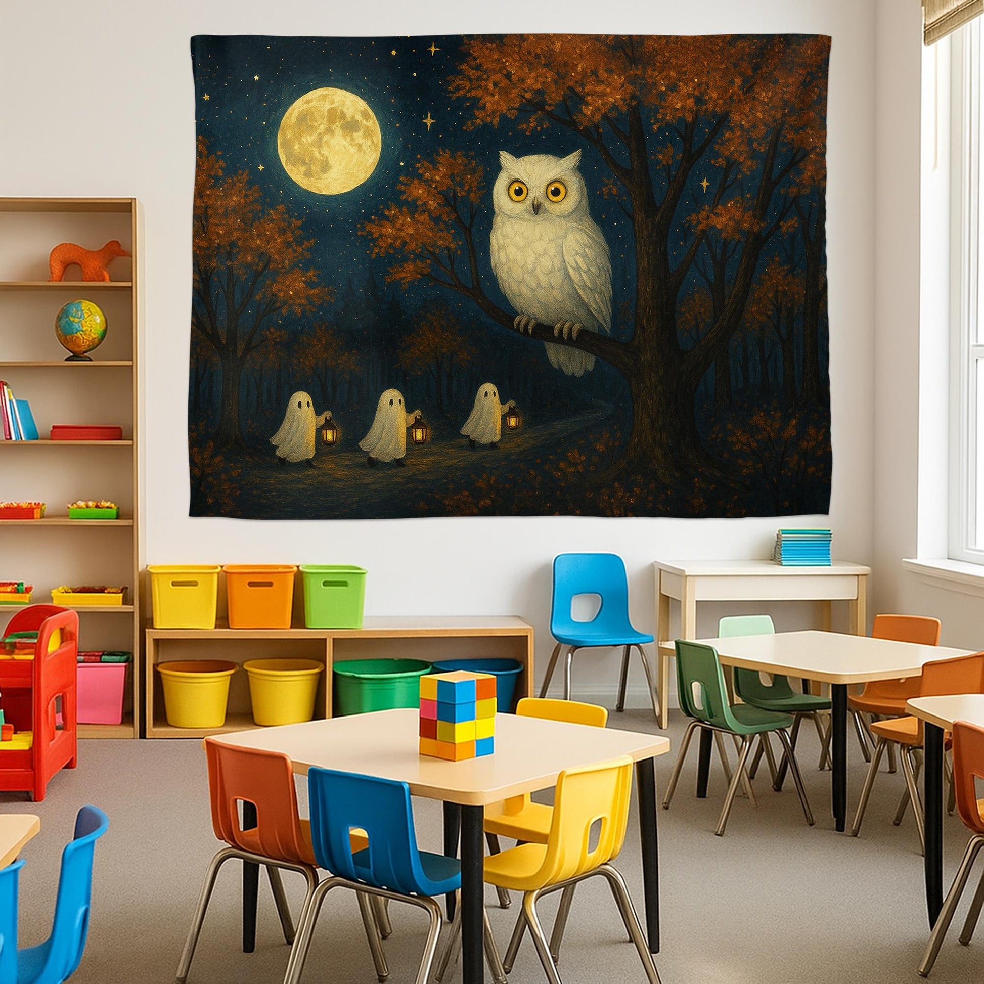 Halloween Owl Tapestry, Spooky Ghosts Wall Hanging, Full Moon Forest Scene, Gothic Witchy Home Decor, Autumn Living Room Art