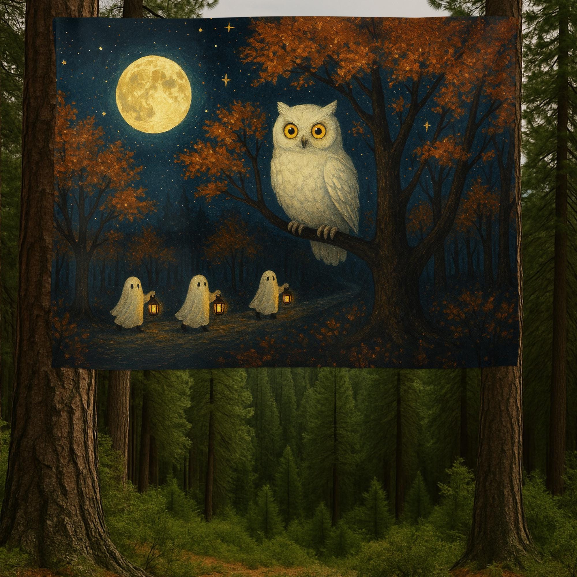 Halloween Owl Tapestry, Spooky Ghosts Wall Hanging, Full Moon Forest Scene, Gothic Witchy Home Decor, Autumn Living Room Art