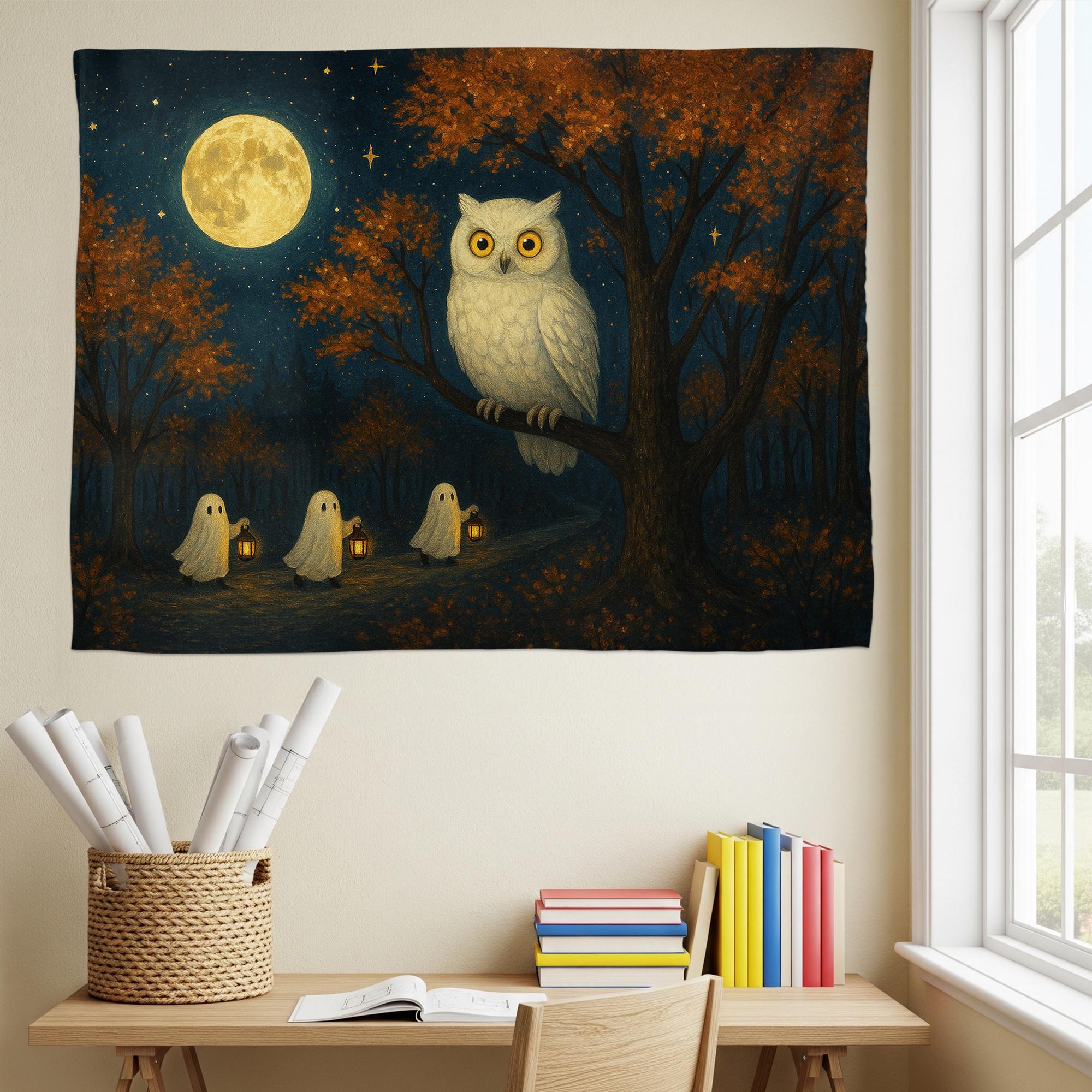 Halloween Owl Tapestry, Spooky Ghosts Wall Hanging, Full Moon Forest Scene, Gothic Witchy Home Decor, Autumn Living Room Art