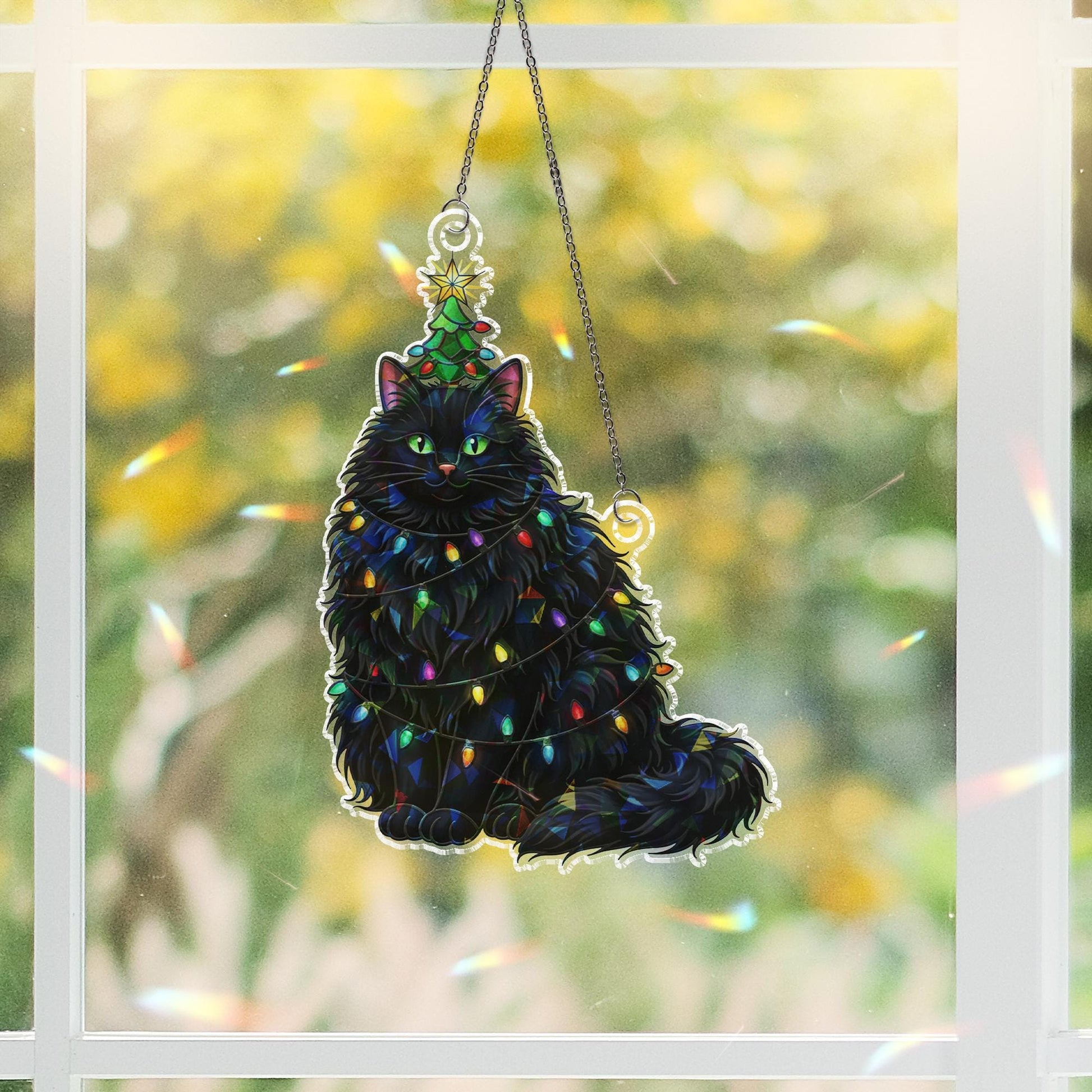 Black Cat Christmas Window Hanging | Holographic Holiday Cat Ornament