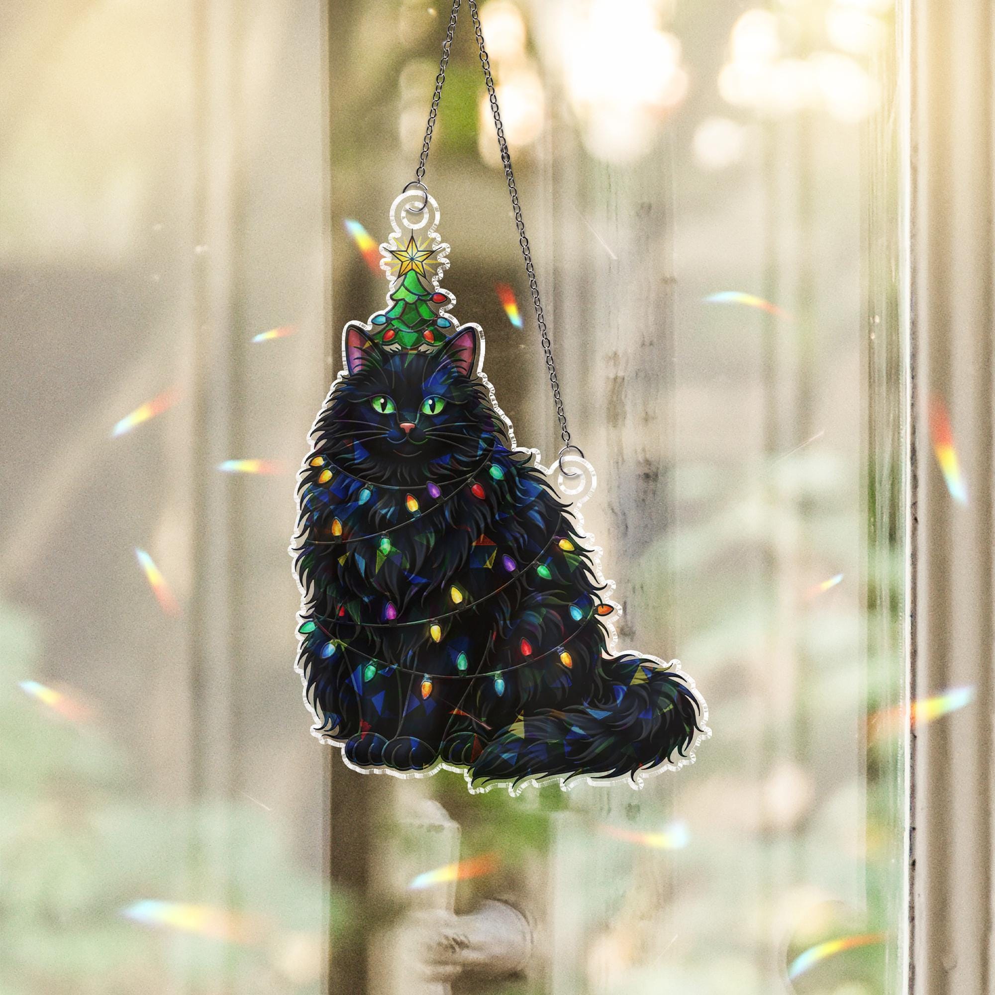 Black Cat Christmas Window Hanging | Holographic Holiday Cat Ornament