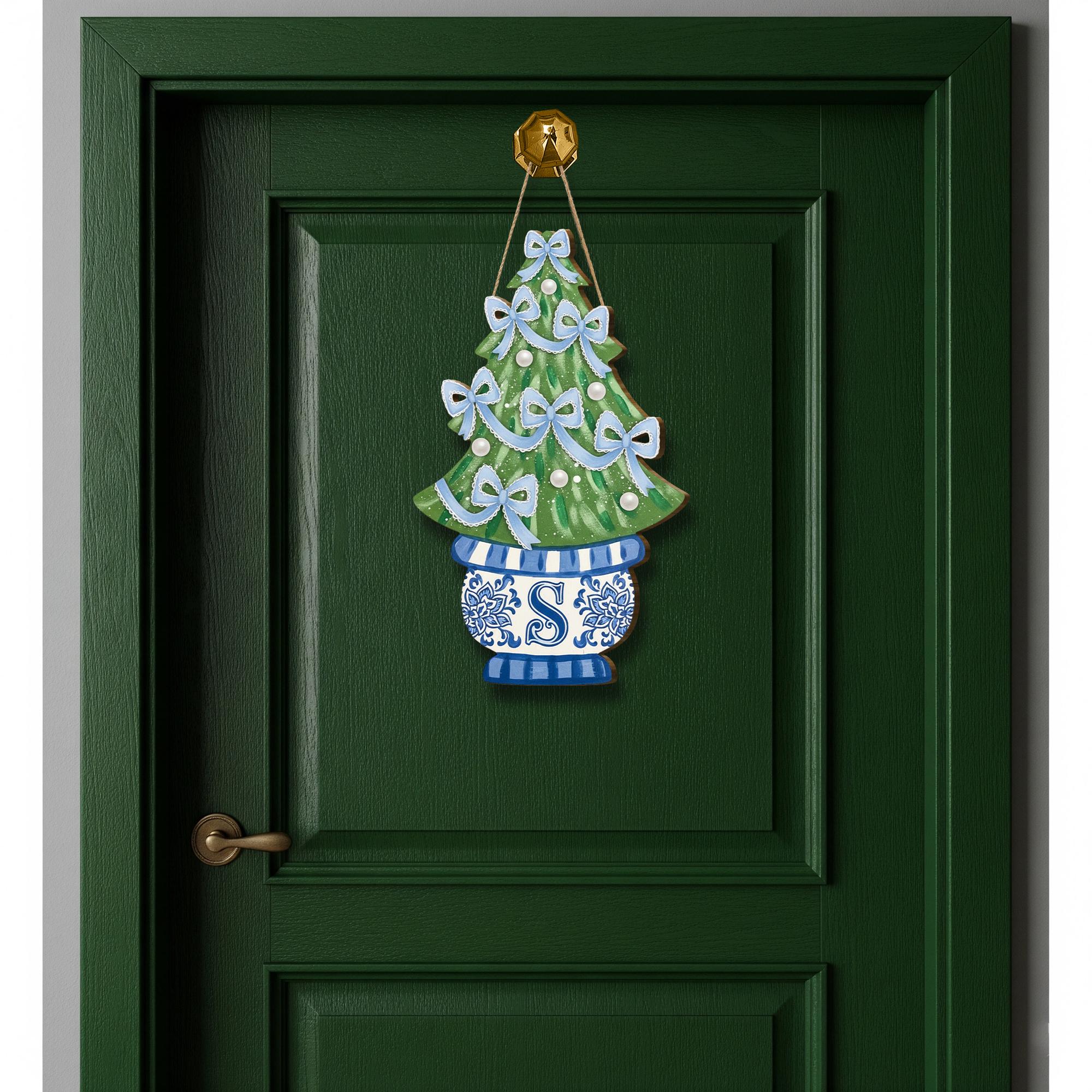 Monogram Christmas Tree Wooden Door Sign | Chinoiserie Holiday Decor