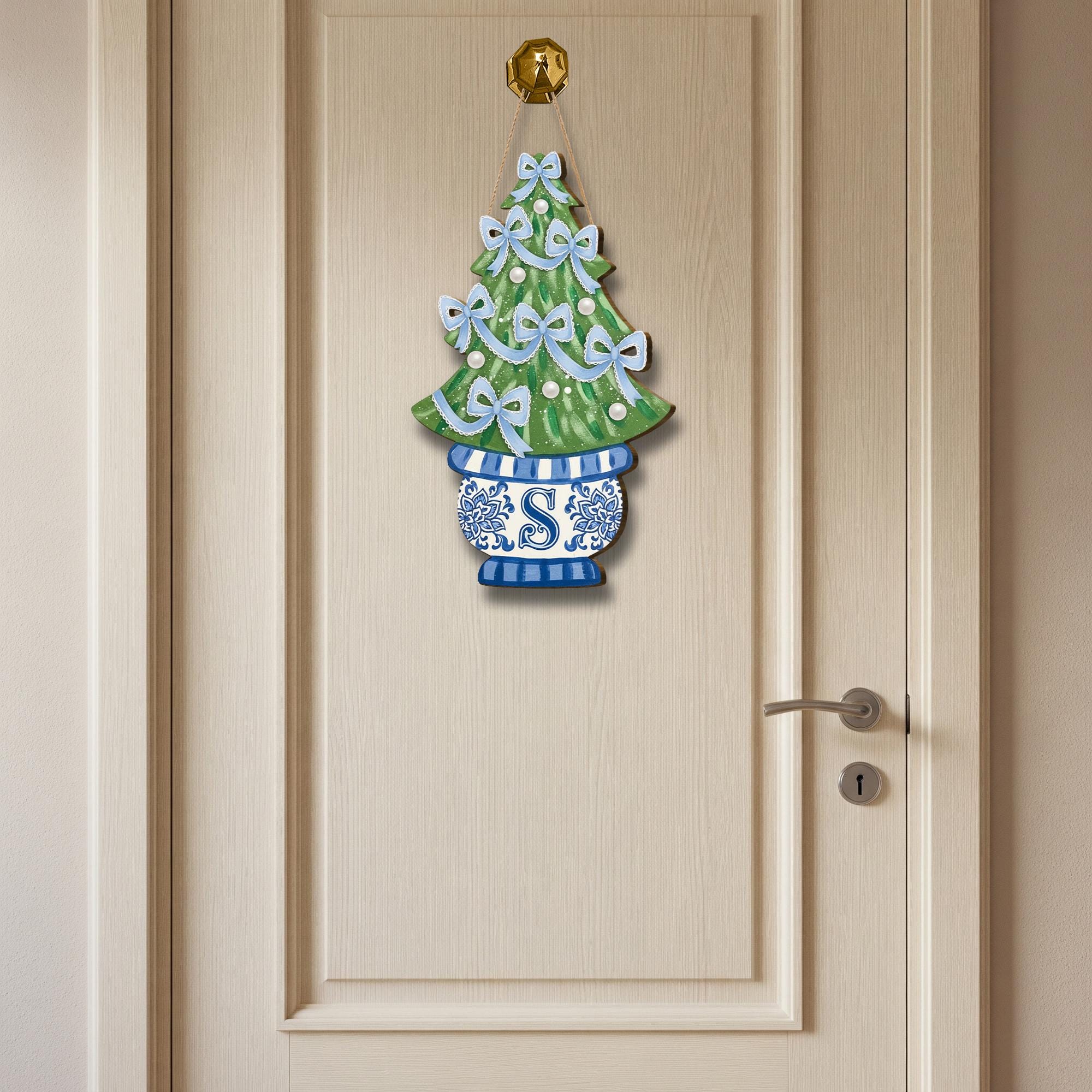 Monogram Christmas Tree Wooden Door Sign | Chinoiserie Holiday Decor