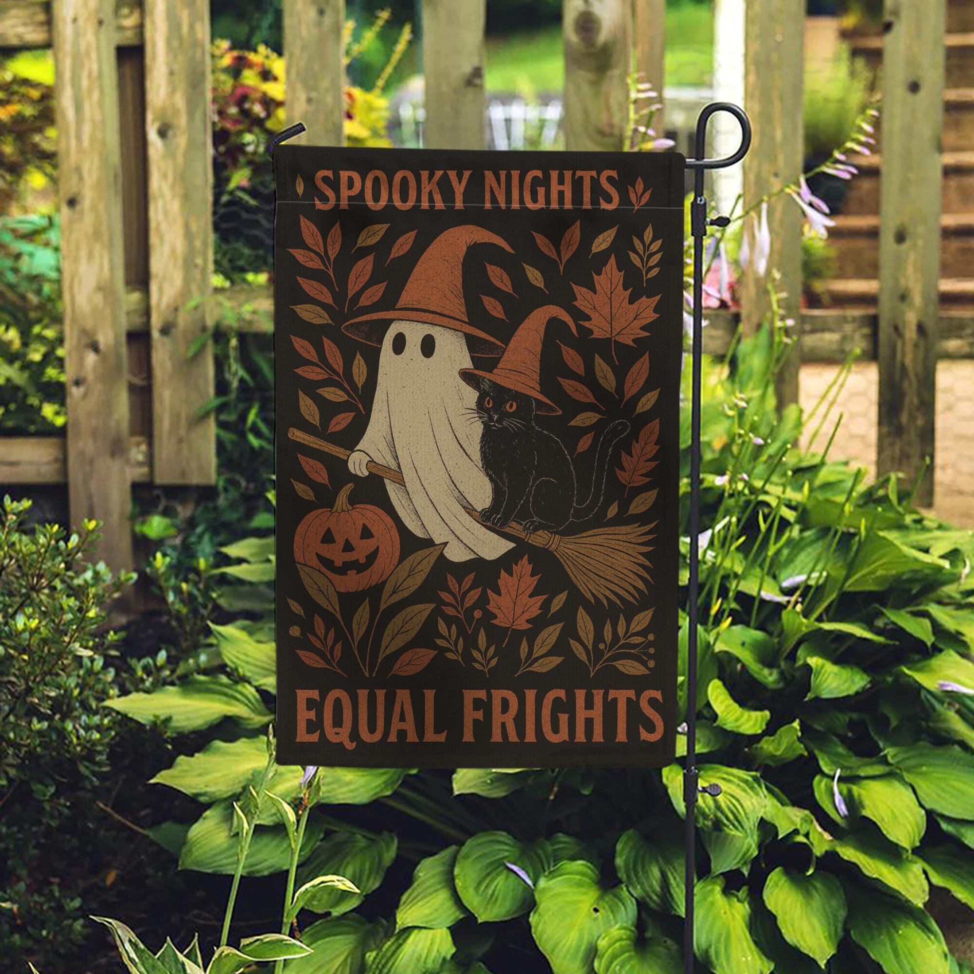 Equal Frights for all Garden Flag | Ghost and Black Cat Outdoor Yard Decor