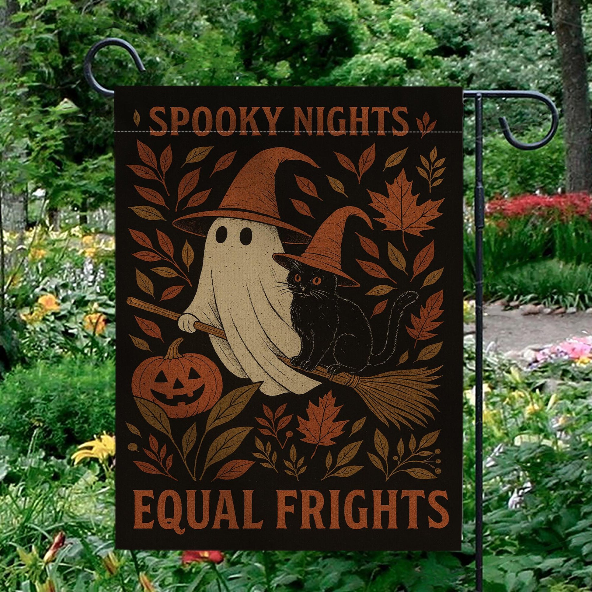 Equal Frights for all Garden Flag | Ghost and Black Cat Outdoor Yard Decor