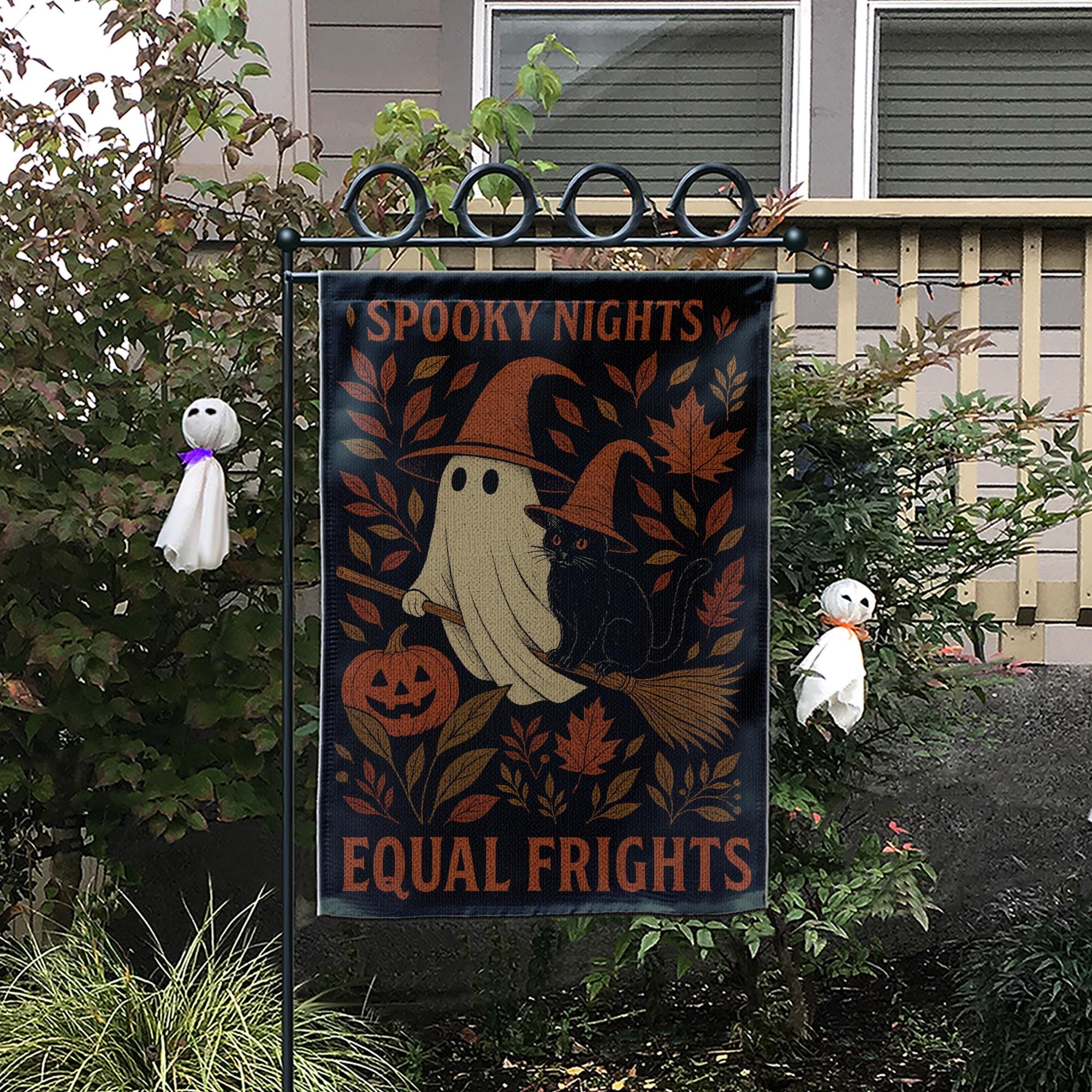 Equal Frights for all Garden Flag | Ghost and Black Cat Outdoor Yard Decor