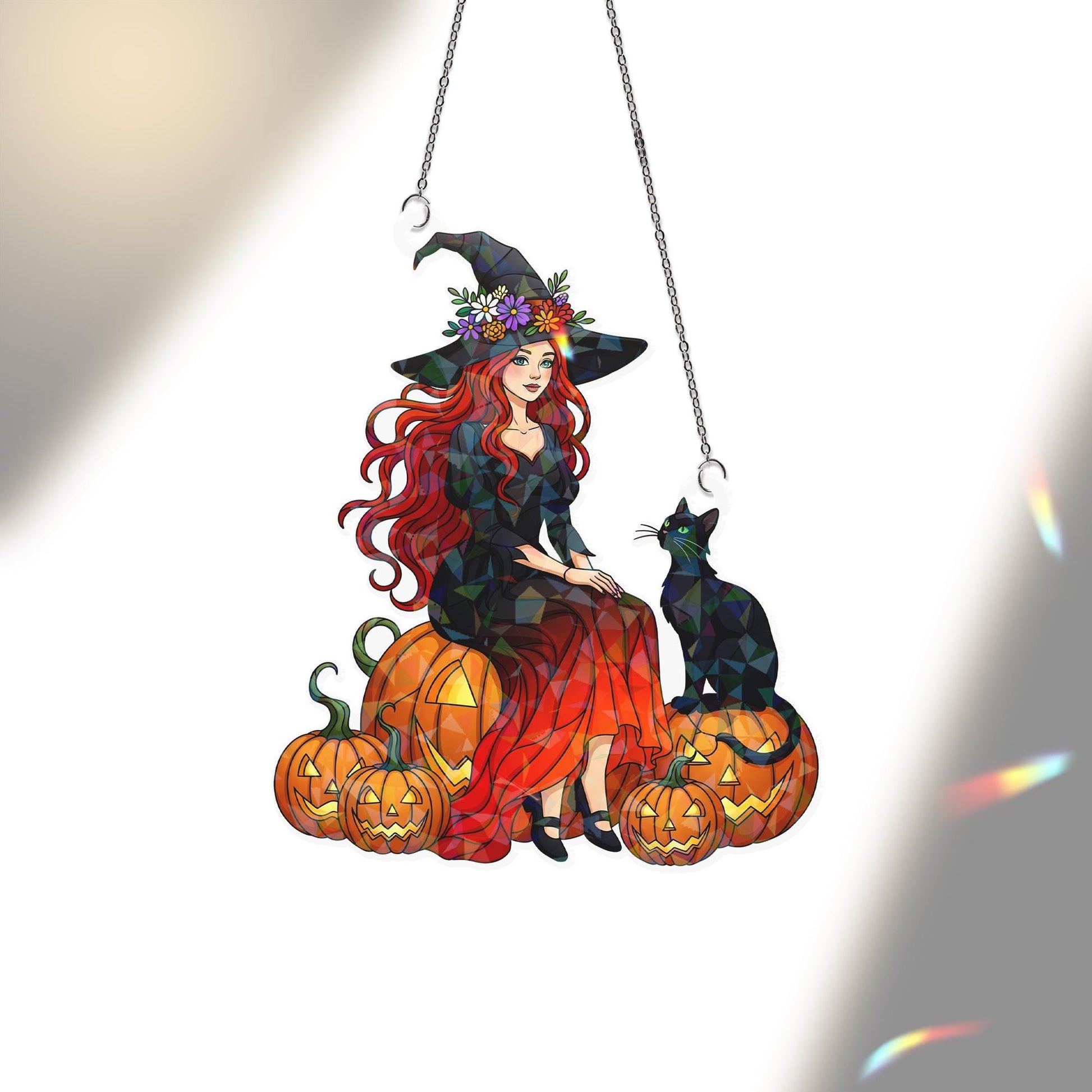 Witch Black Cat Hologram Window Hanging : Halloween Acrylic Sun Catcher Ornament