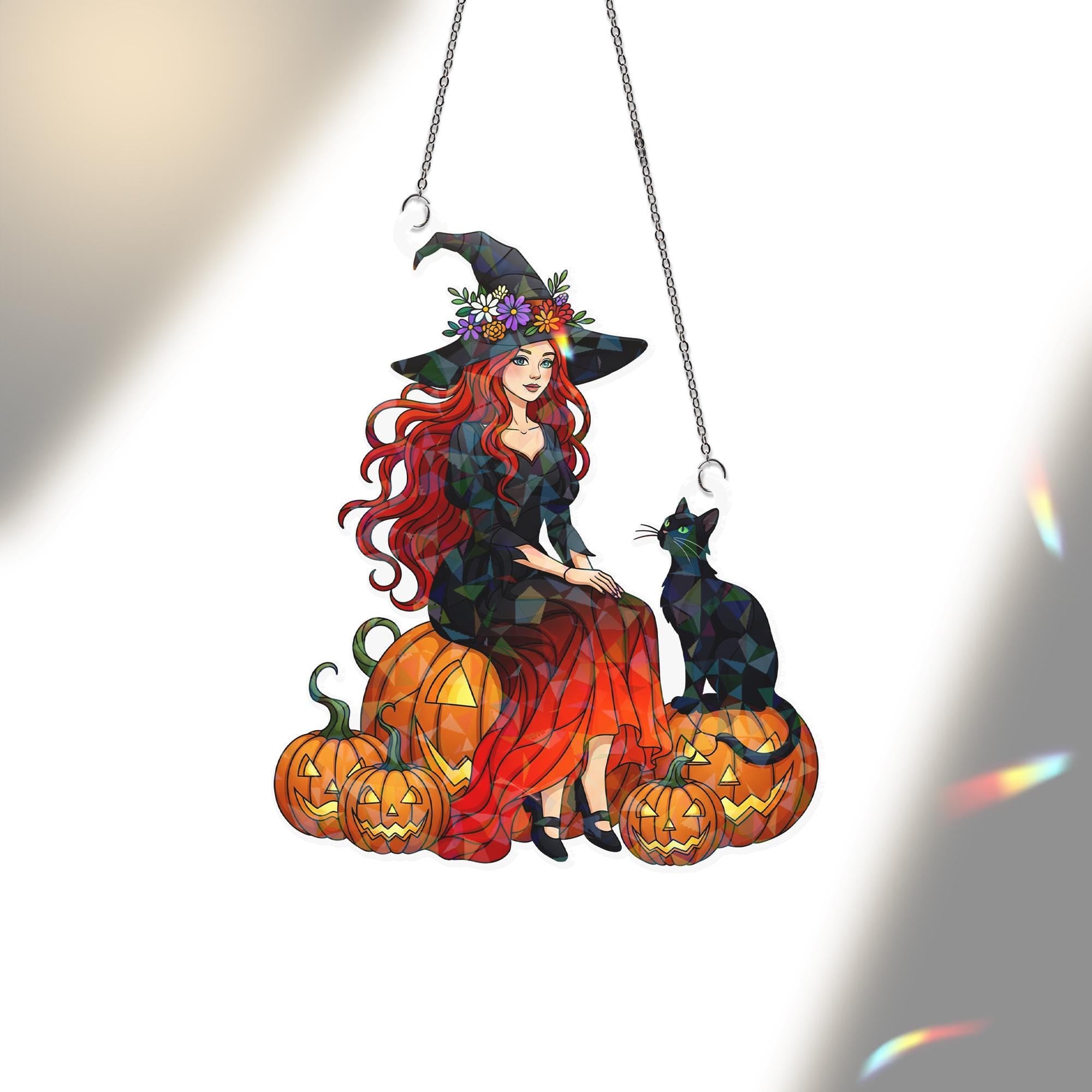 Witch Black Cat Hologram Window Hanging : Halloween Acrylic Sun Catcher Ornament