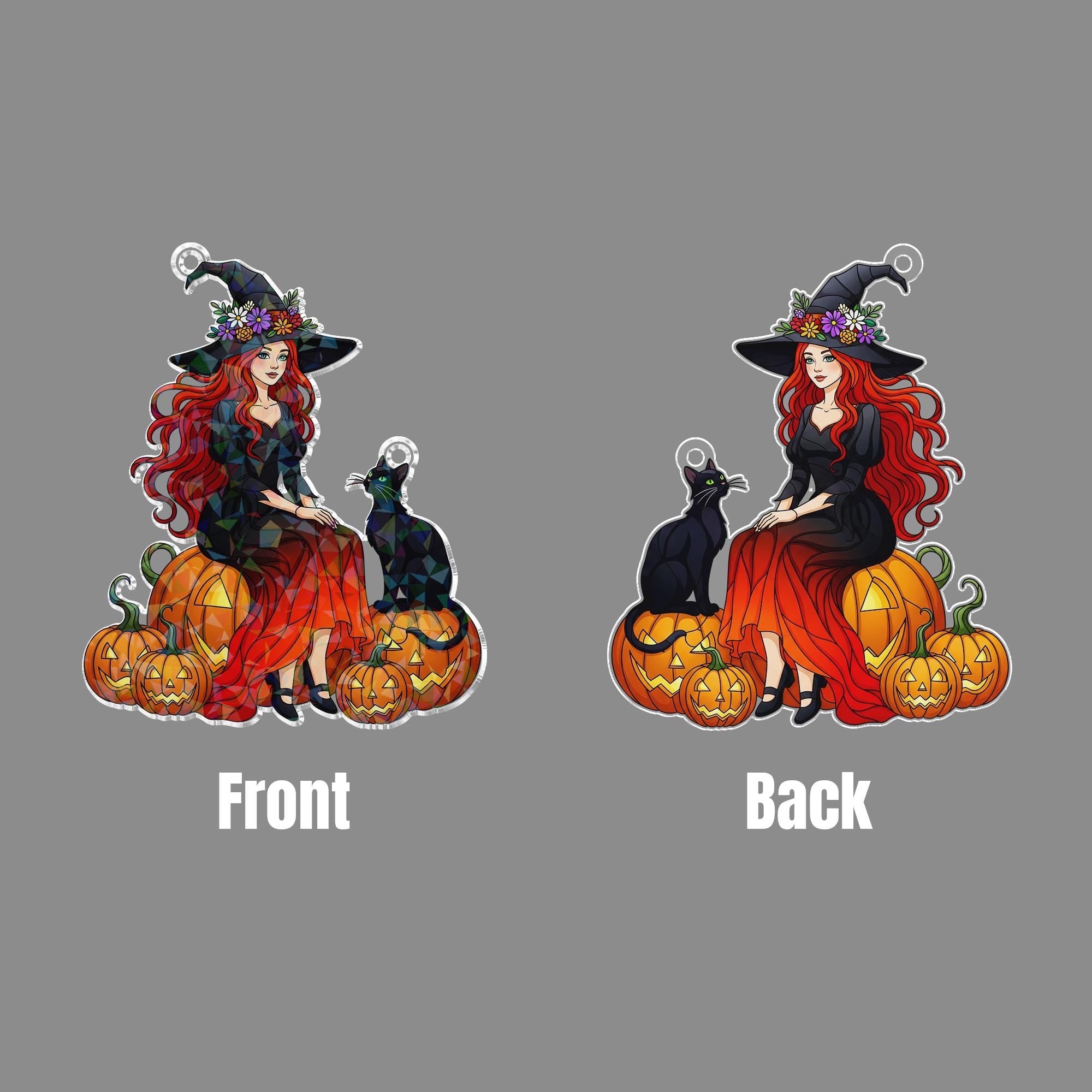 Witch Black Cat Hologram Window Hanging : Halloween Acrylic Sun Catcher Ornament