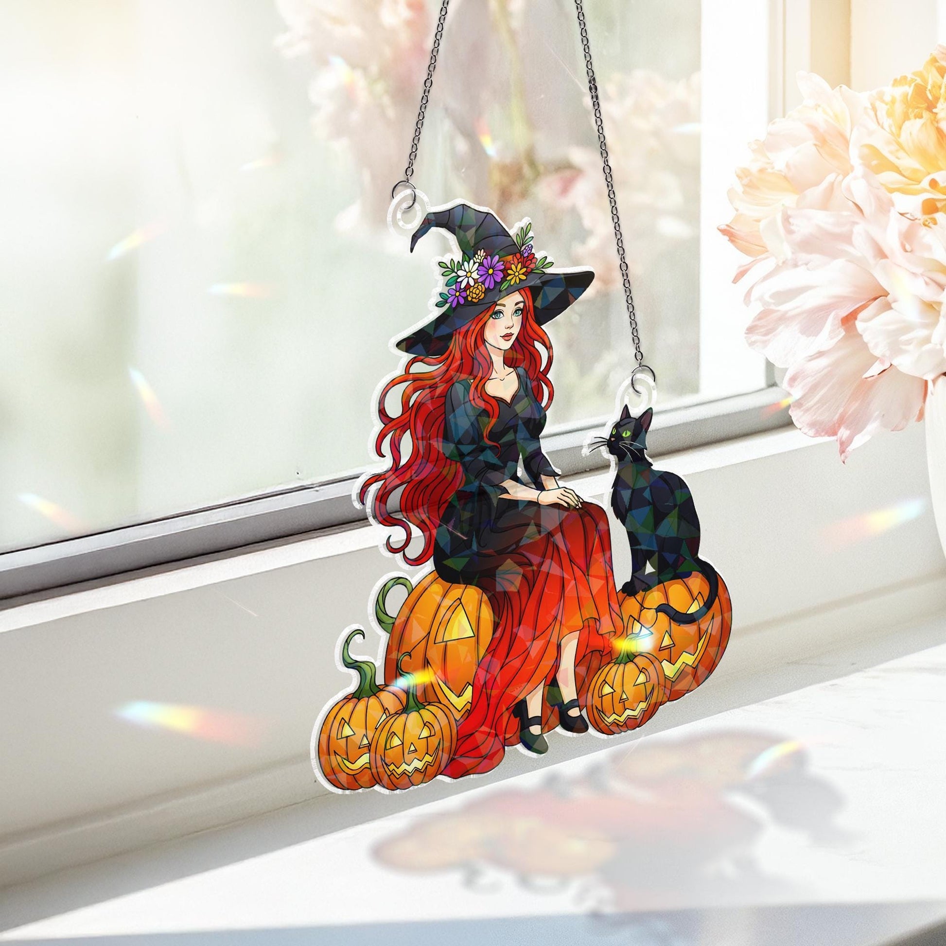 Witch Black Cat Hologram Window Hanging : Halloween Acrylic Sun Catcher Ornament