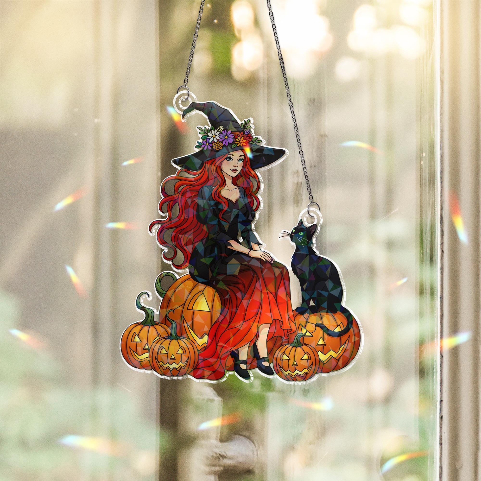 Witch Black Cat Hologram Window Hanging : Halloween Acrylic Sun Catcher Ornament