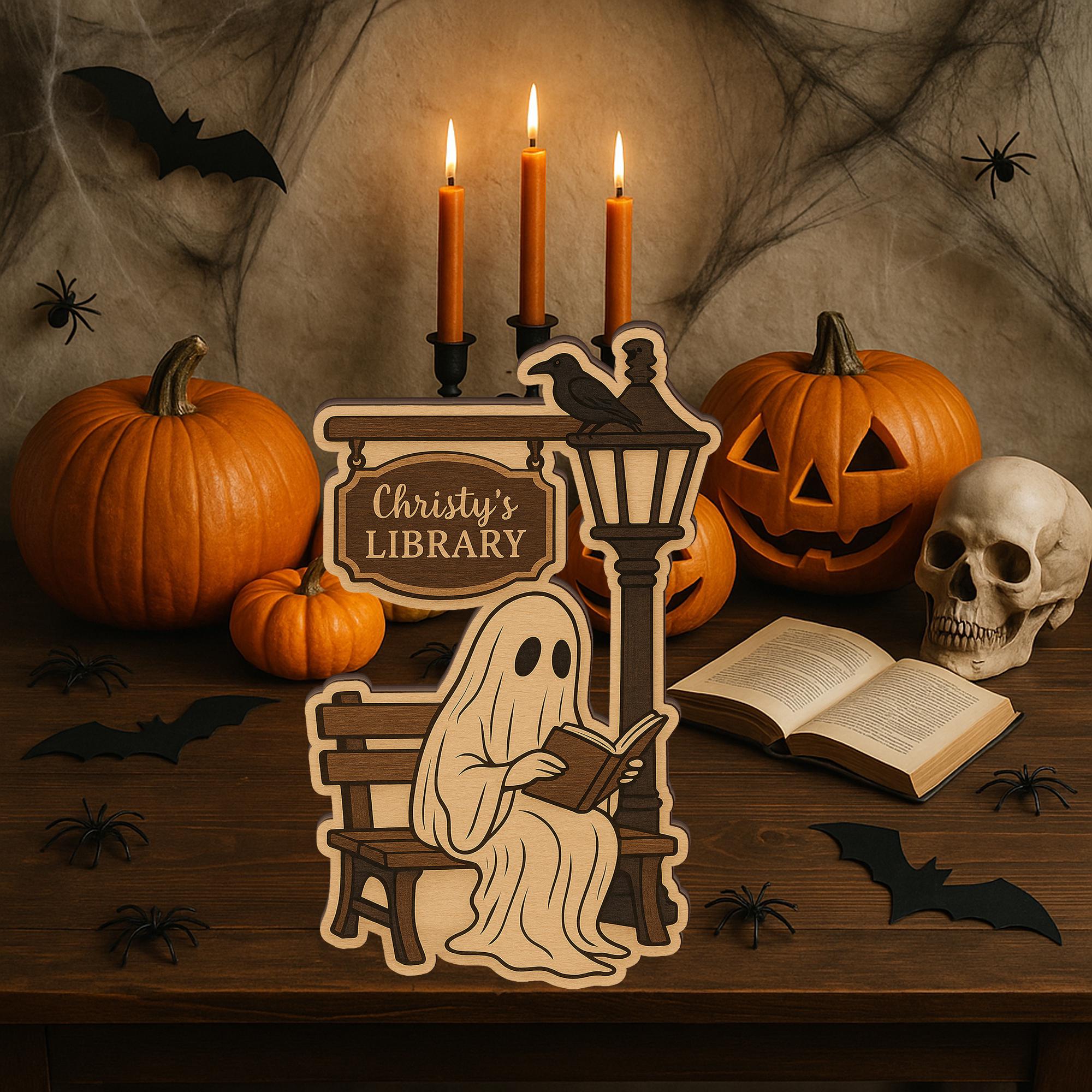 Custom Spooky Wooden Ghost Library Sign • Halloween Home Decor