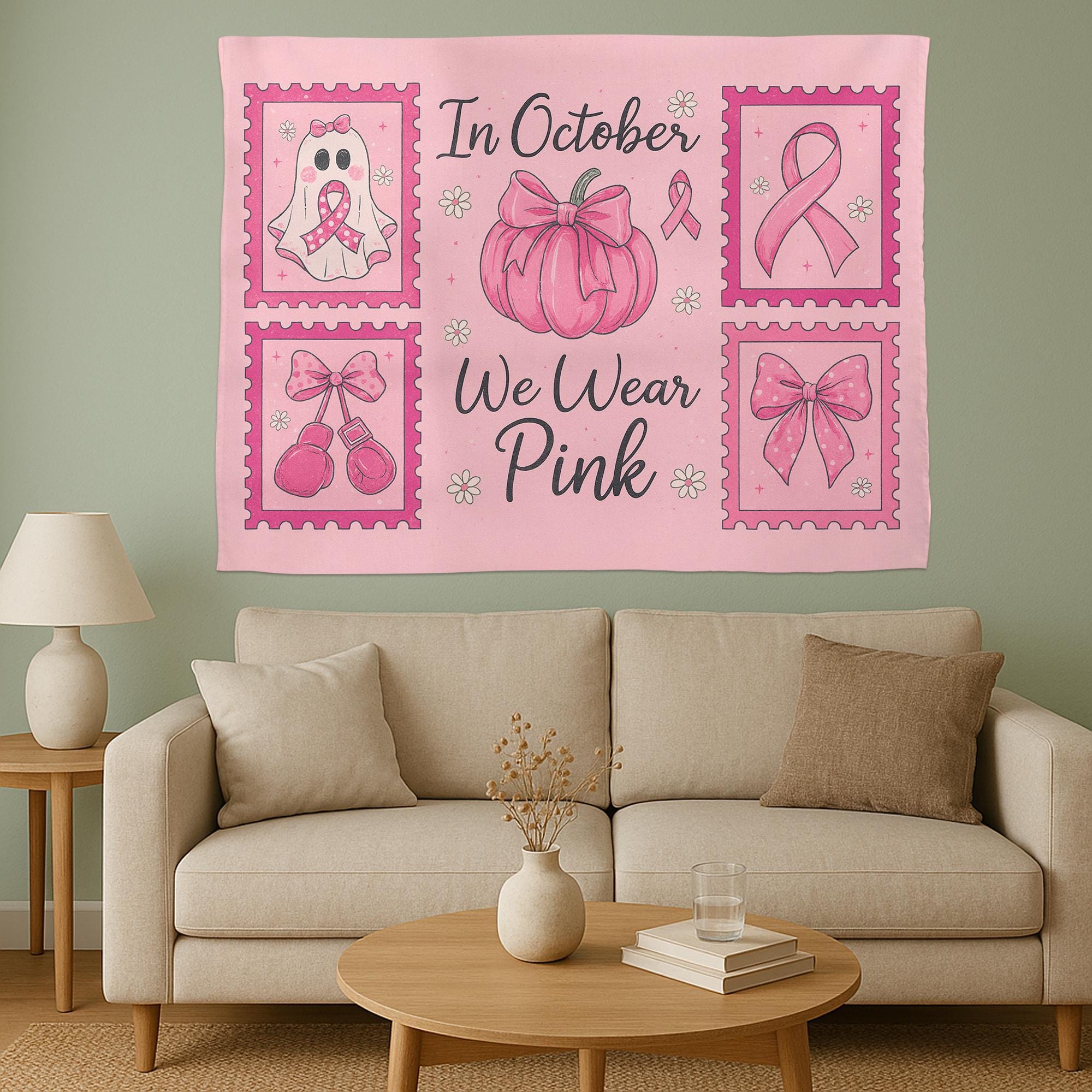 Breast Cancer Awareness Pink Halloween Wall Tapestry • In October We Wear Pink Decor