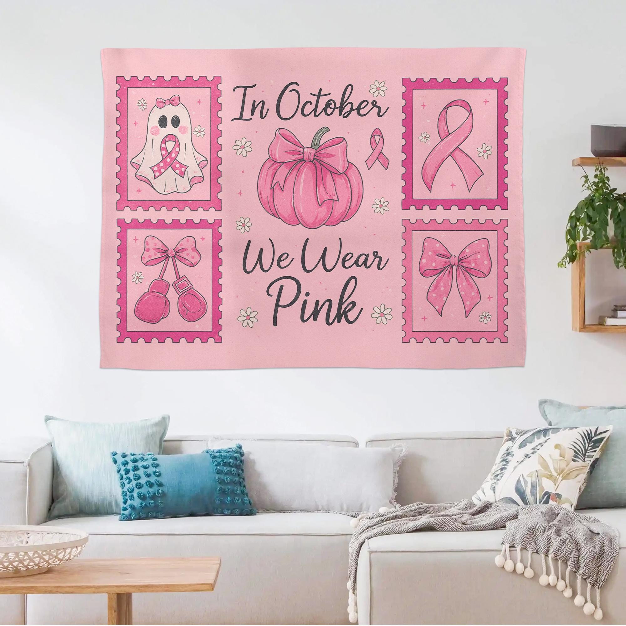 Breast Cancer Awareness Pink Halloween Wall Tapestry • In October We Wear Pink Decor