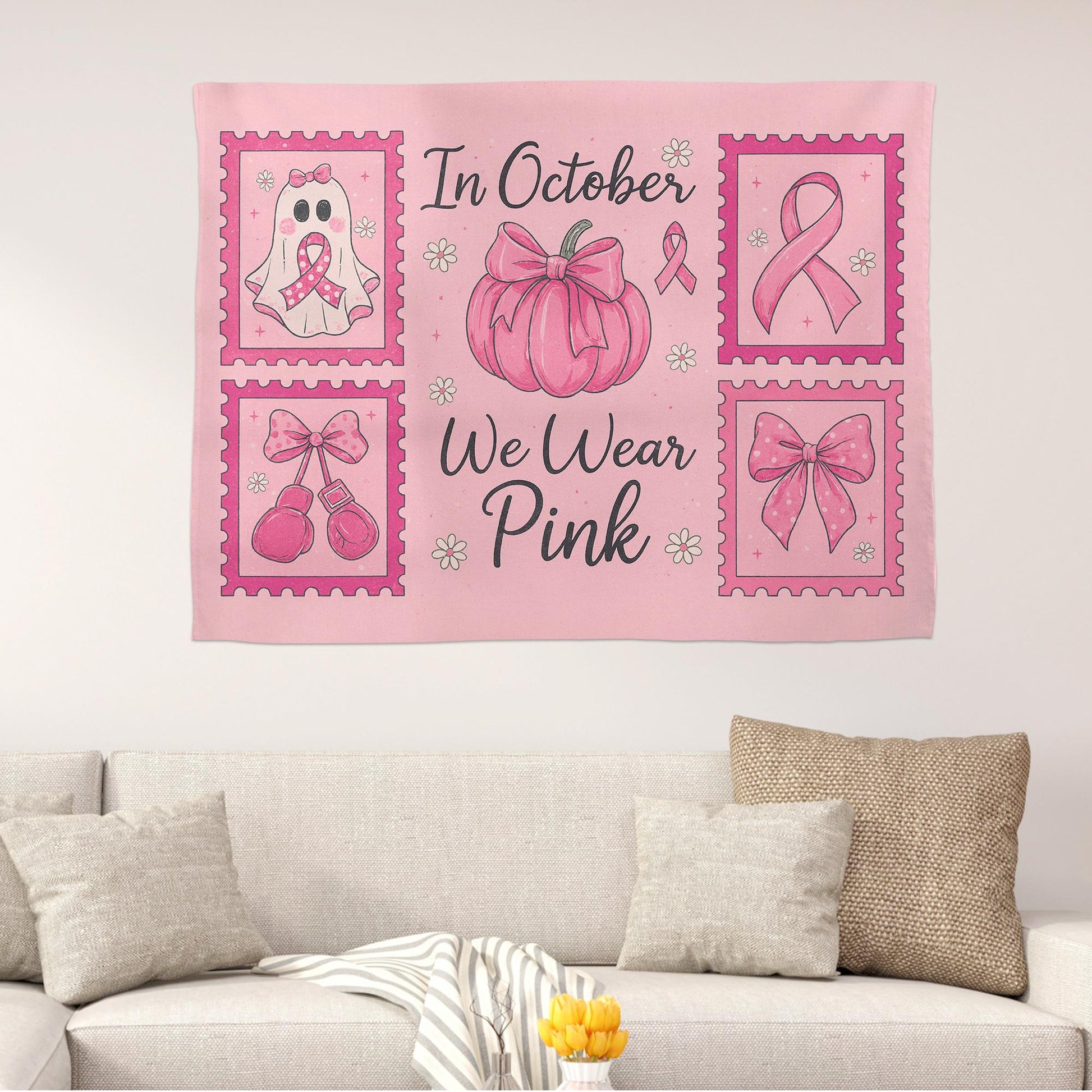 Breast Cancer Awareness Pink Halloween Wall Tapestry • In October We Wear Pink Decor