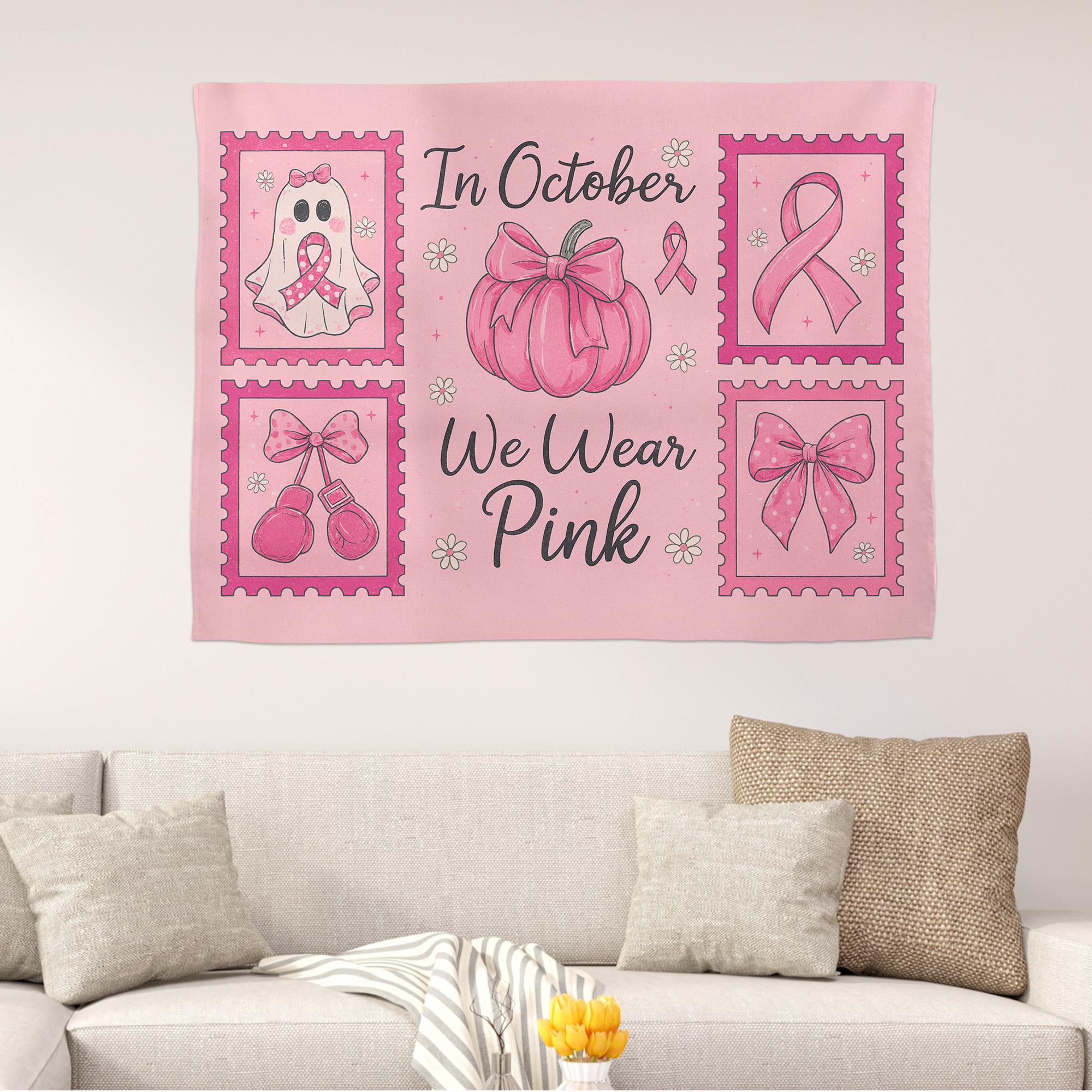 Breast Cancer Awareness Pink Halloween Wall Tapestry • In October We Wear Pink Decor