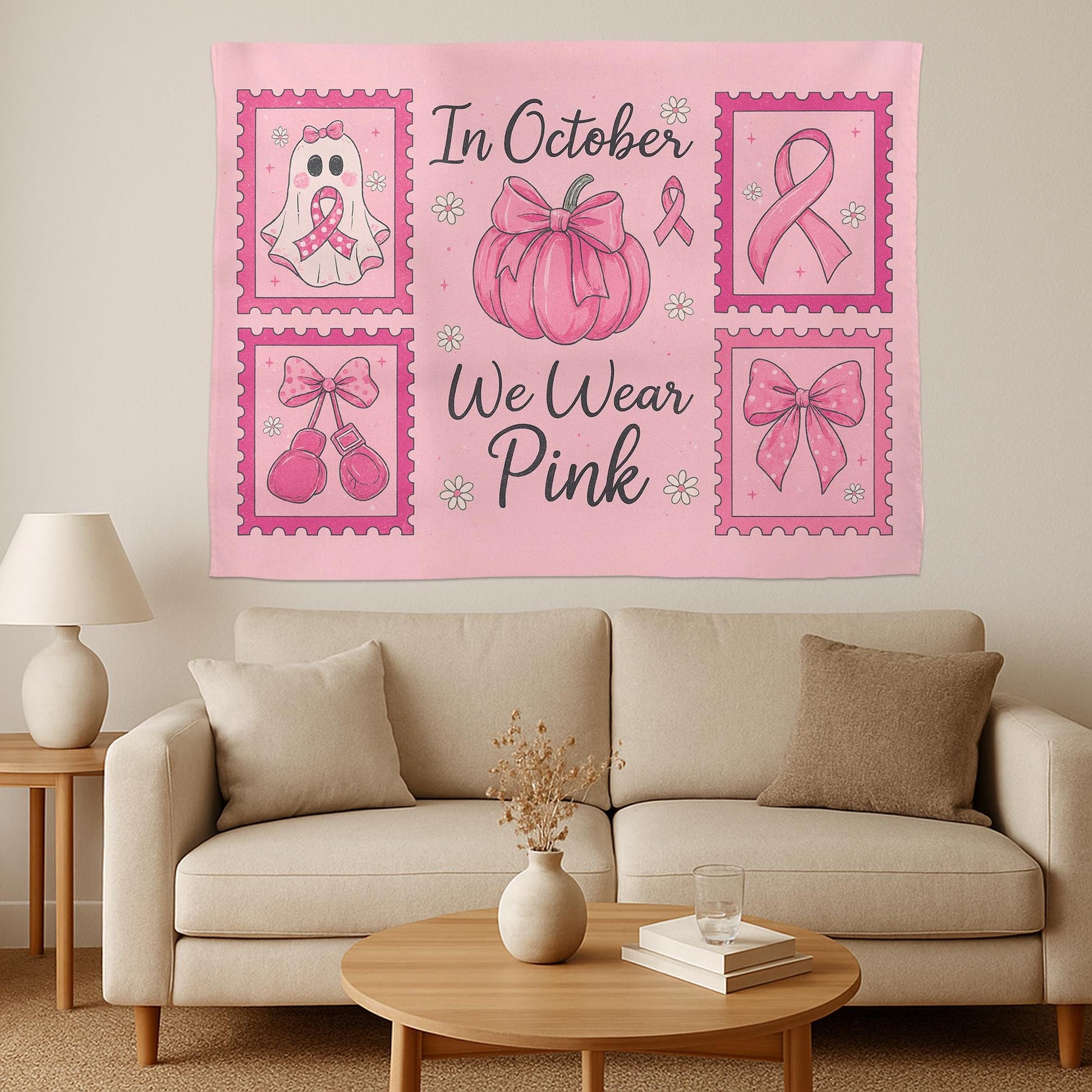 Breast Cancer Awareness Pink Halloween Wall Tapestry • In October We Wear Pink Decor