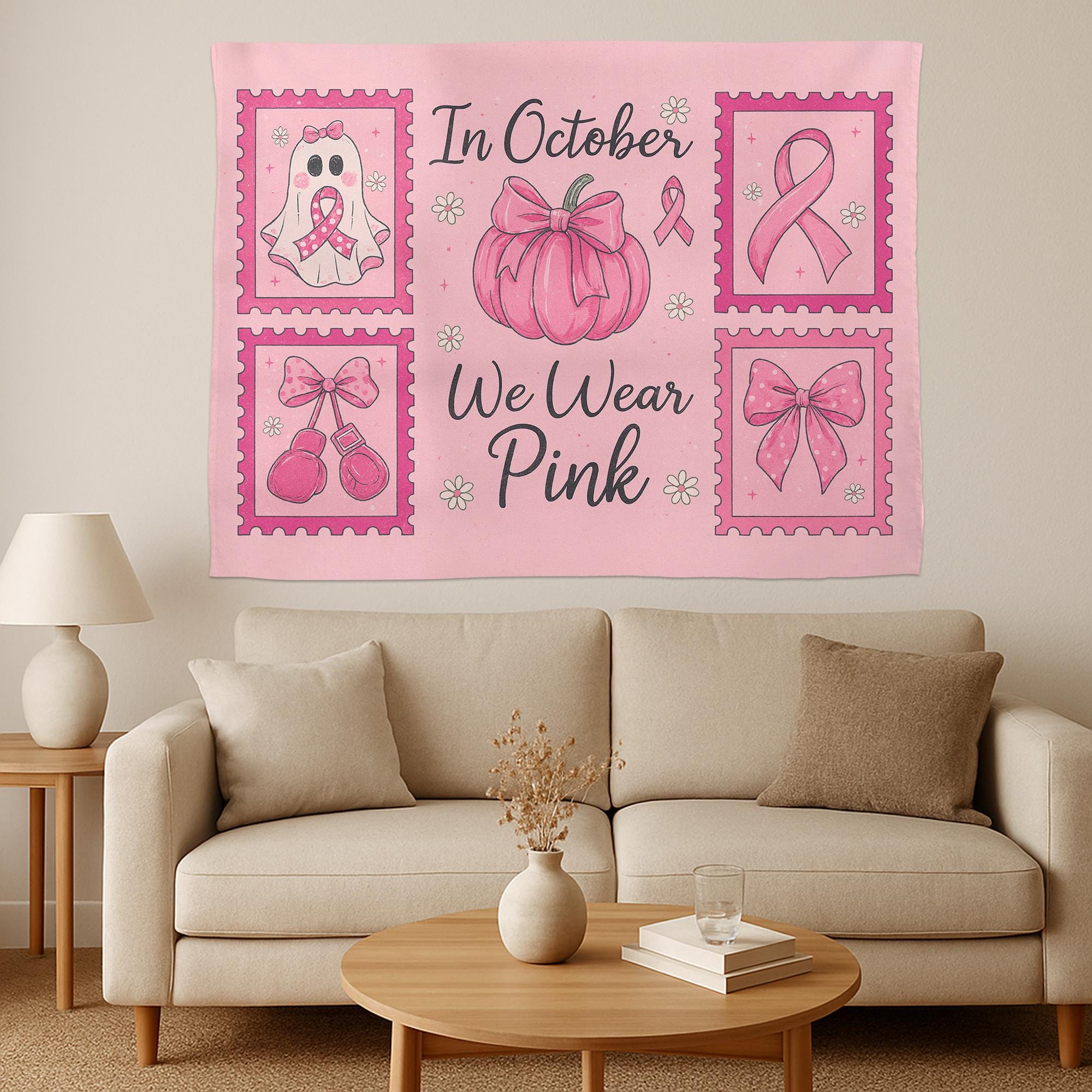 Breast Cancer Awareness Pink Halloween Wall Tapestry • In October We Wear Pink Decor