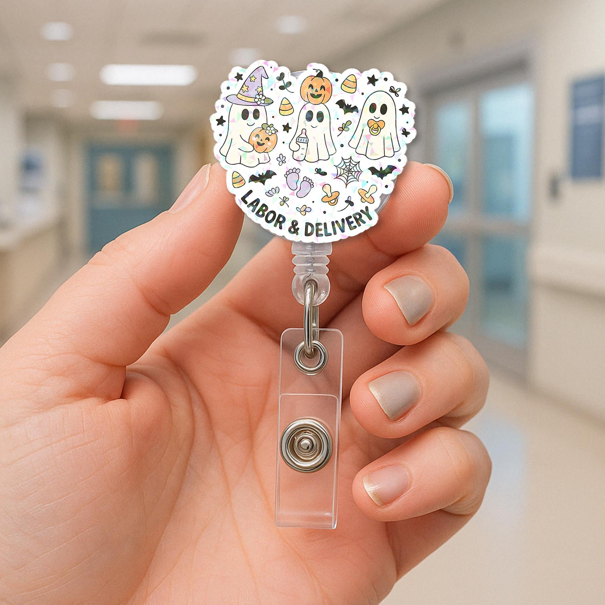 Holographic Ghost Badge Reel • Cute Labor & Delivery Nurse ID Holder • Halloween Retractable Badge Clip