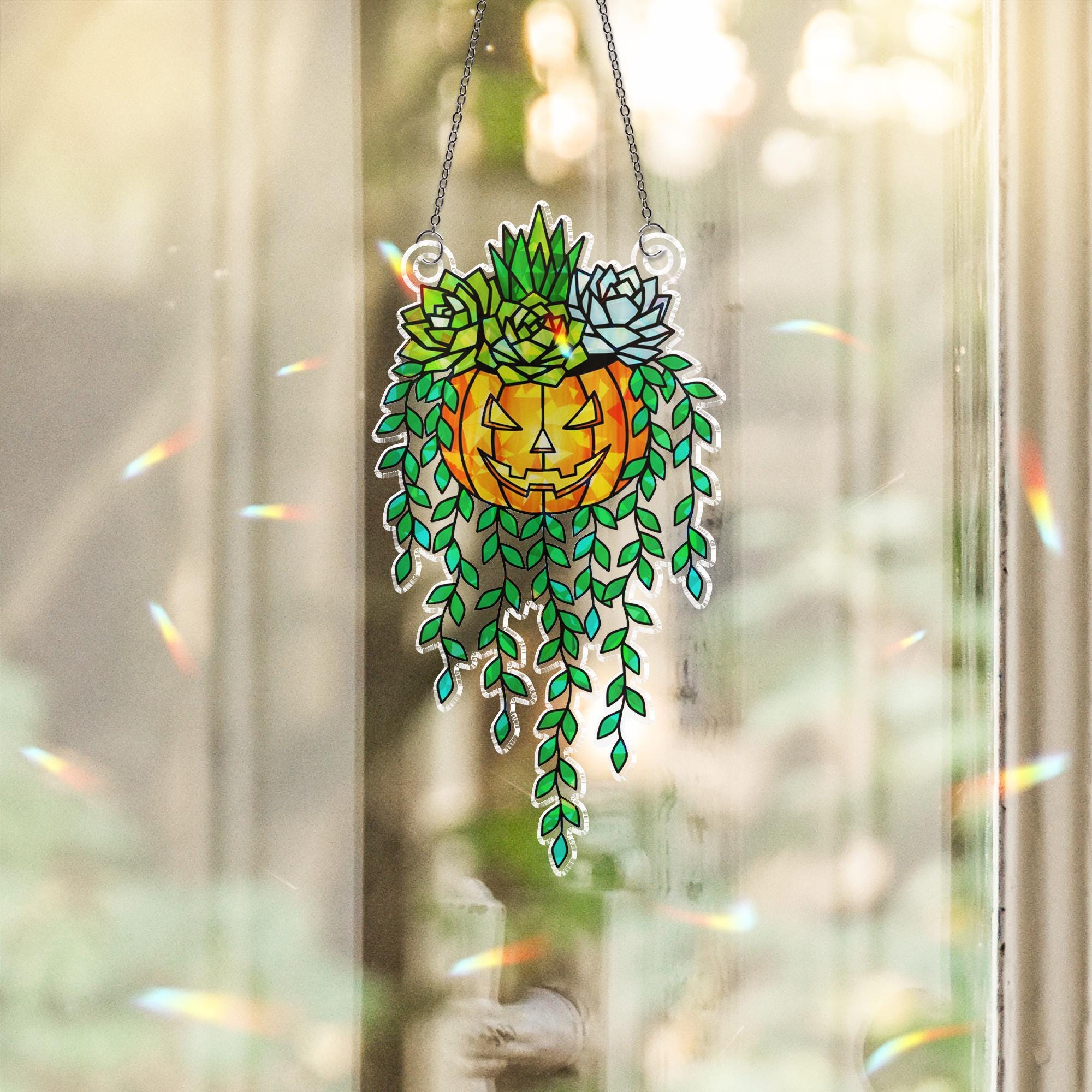 Succulent Pumpkin Suncatcher • Holographic Acrylic Hanging Window Decor • Halloween Plant Lover Gift