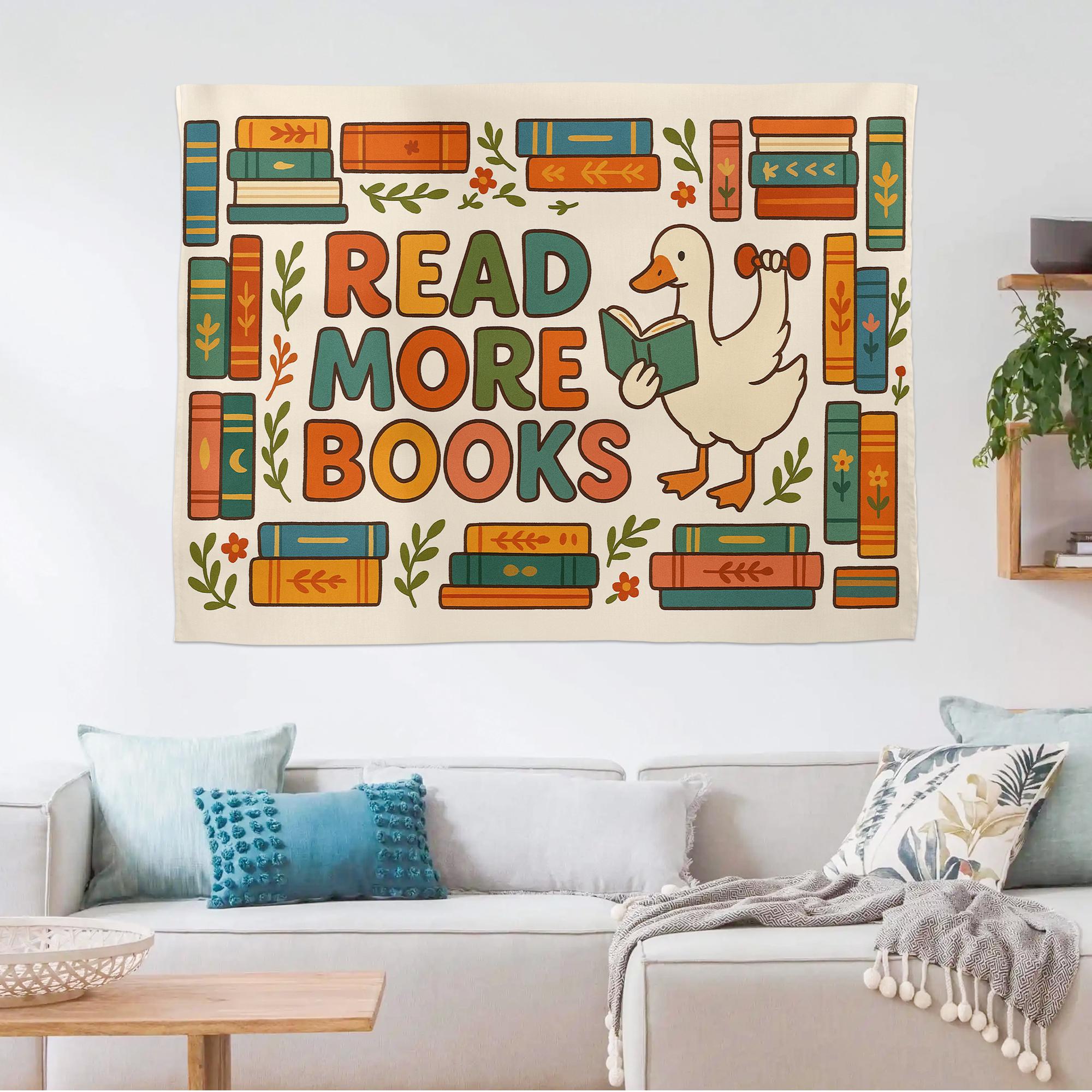 Read More Books Tapestry | Cute Duck Wall Hanging | Book Lover Room Decor | Library Reading Gift | Aesthetic Dorm Wall Art