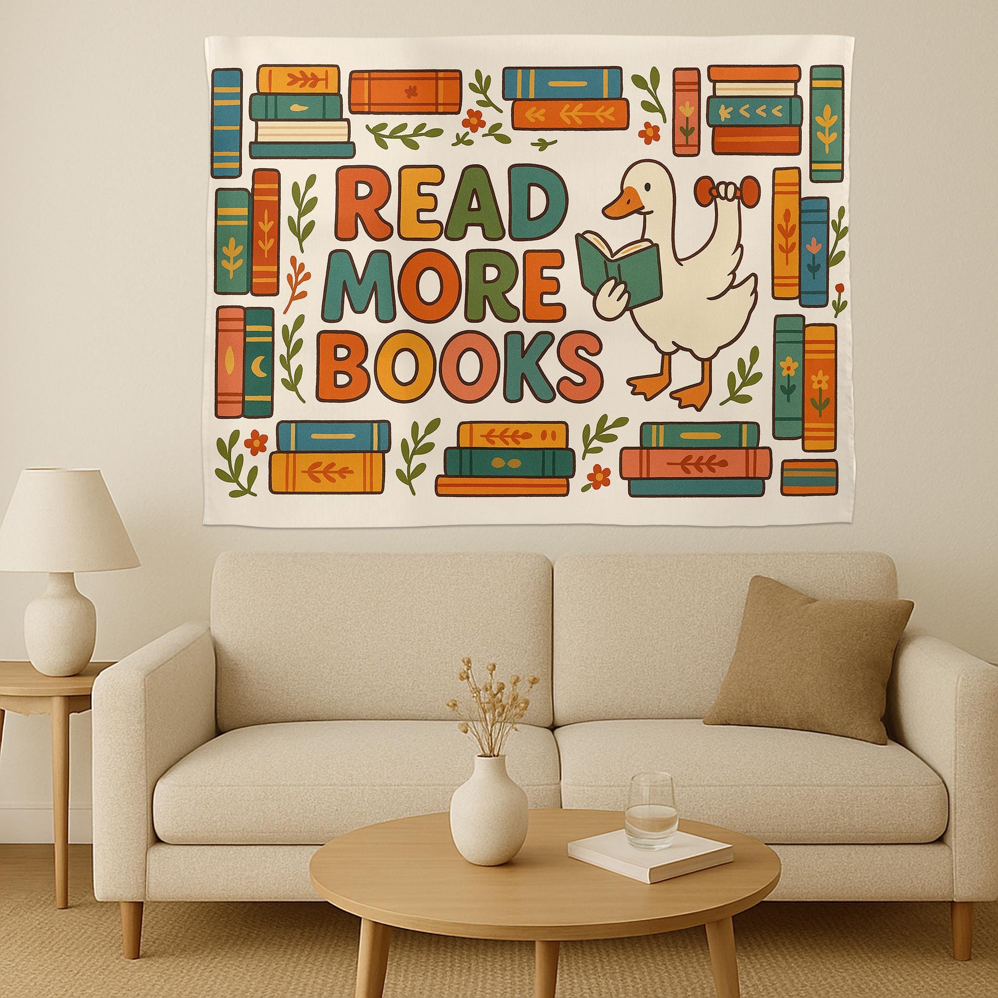 Read More Books Tapestry | Cute Duck Wall Hanging | Book Lover Room Decor | Library Reading Gift | Aesthetic Dorm Wall Art
