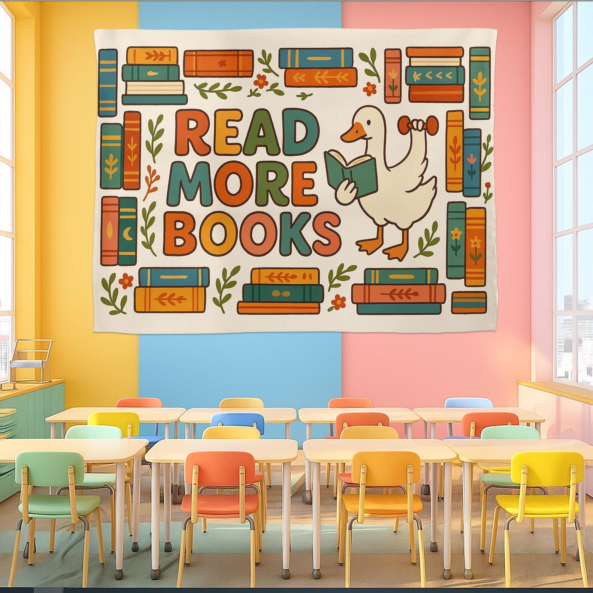 Read More Books Tapestry | Cute Duck Wall Hanging | Book Lover Room Decor | Library Reading Gift | Aesthetic Dorm Wall Art