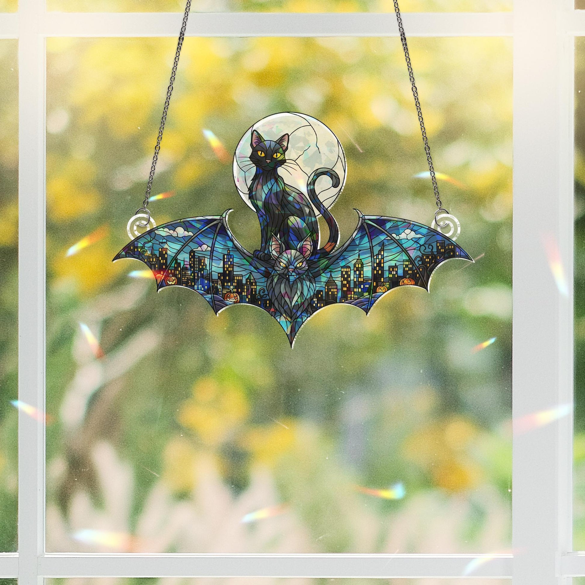 Holographic Cat Bat Window Hanging | Gothic Suncatcher | Halloween Witchy Decor | Spooky Stained Glass Effect | Moonlight Wall Art