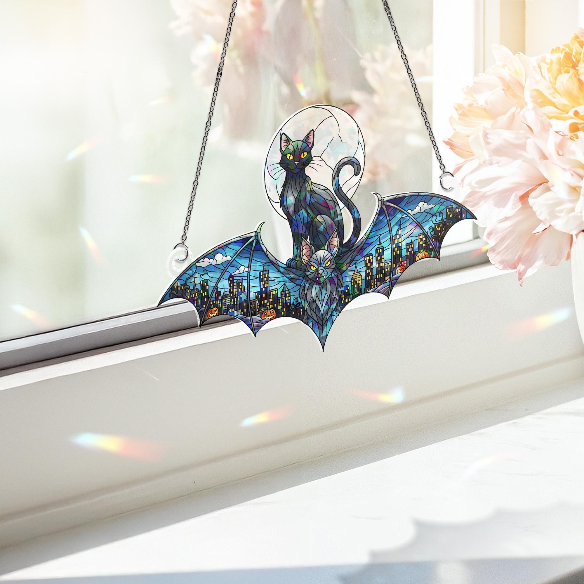 Holographic Cat Bat Window Hanging | Gothic Suncatcher | Halloween Witchy Decor | Spooky Stained Glass Effect | Moonlight Wall Art