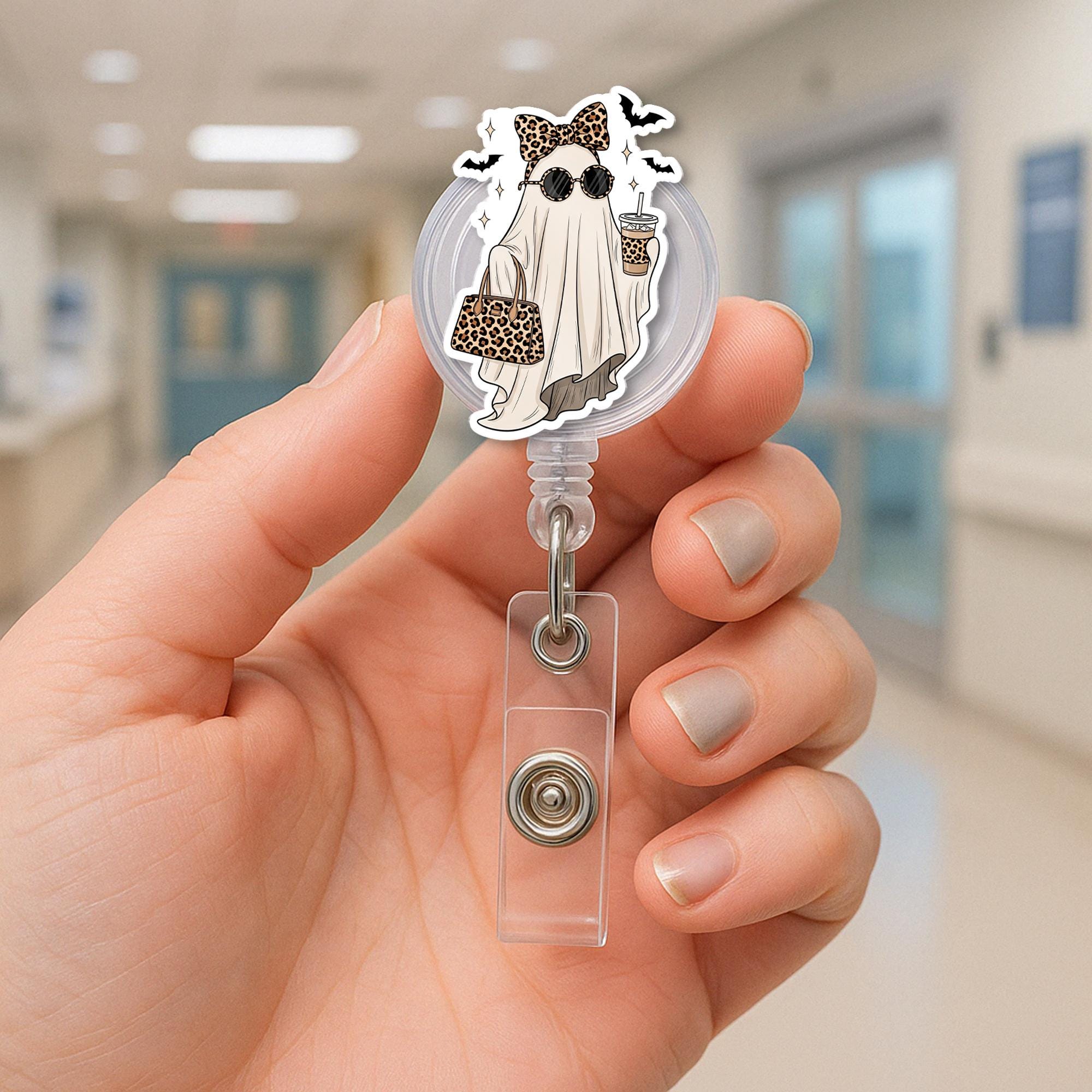Halloween Ghost Badge Reel | Cute Leopard Print Nurse ID Holder | Retractable Spooky Badge Clip | Fun Work Accessory Gift