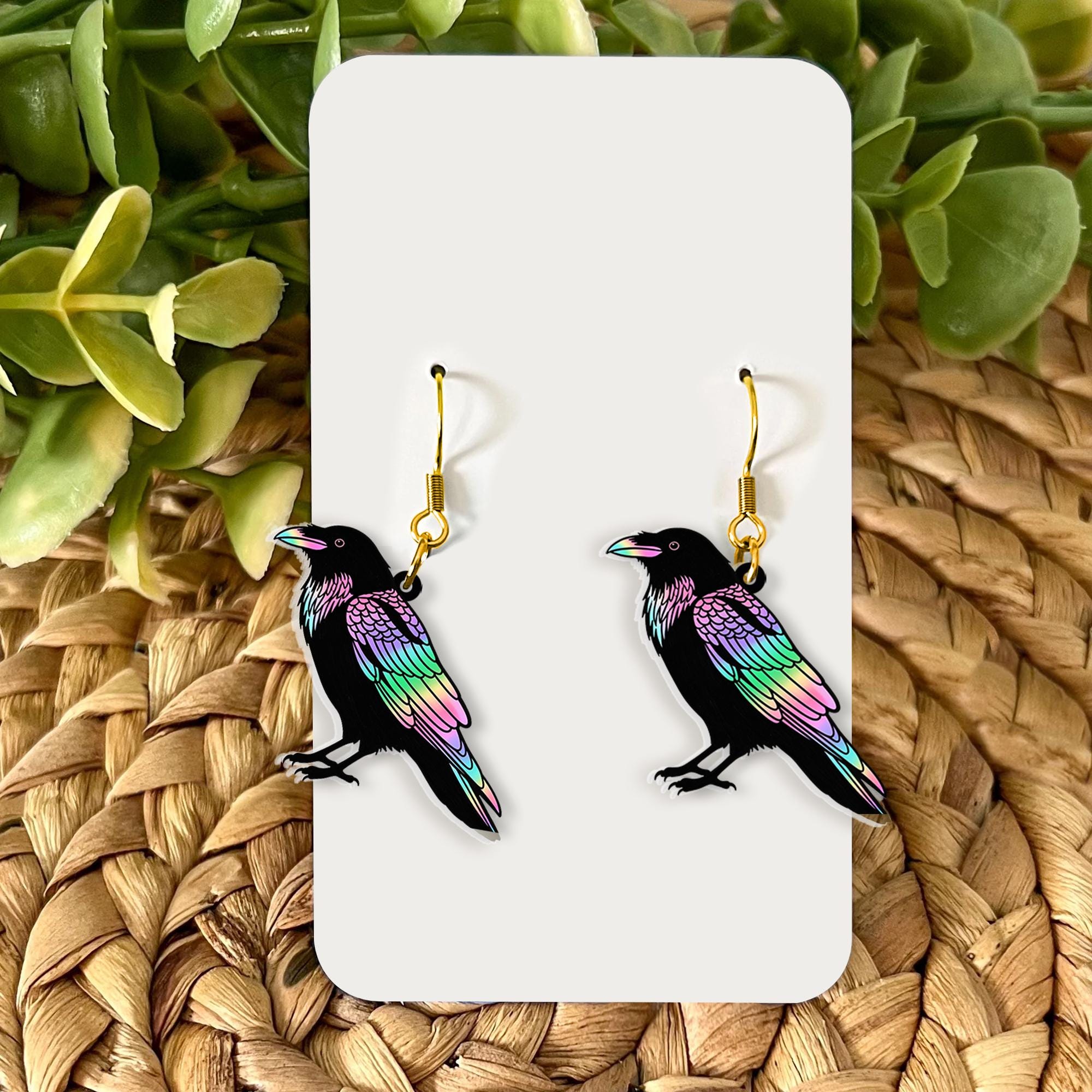 Hologram Raven Earrings | Gothic Crow Jewelry | Witchy Bird Dangle Earrings | Colorful Boho Gift | Spooky Statement Accessories