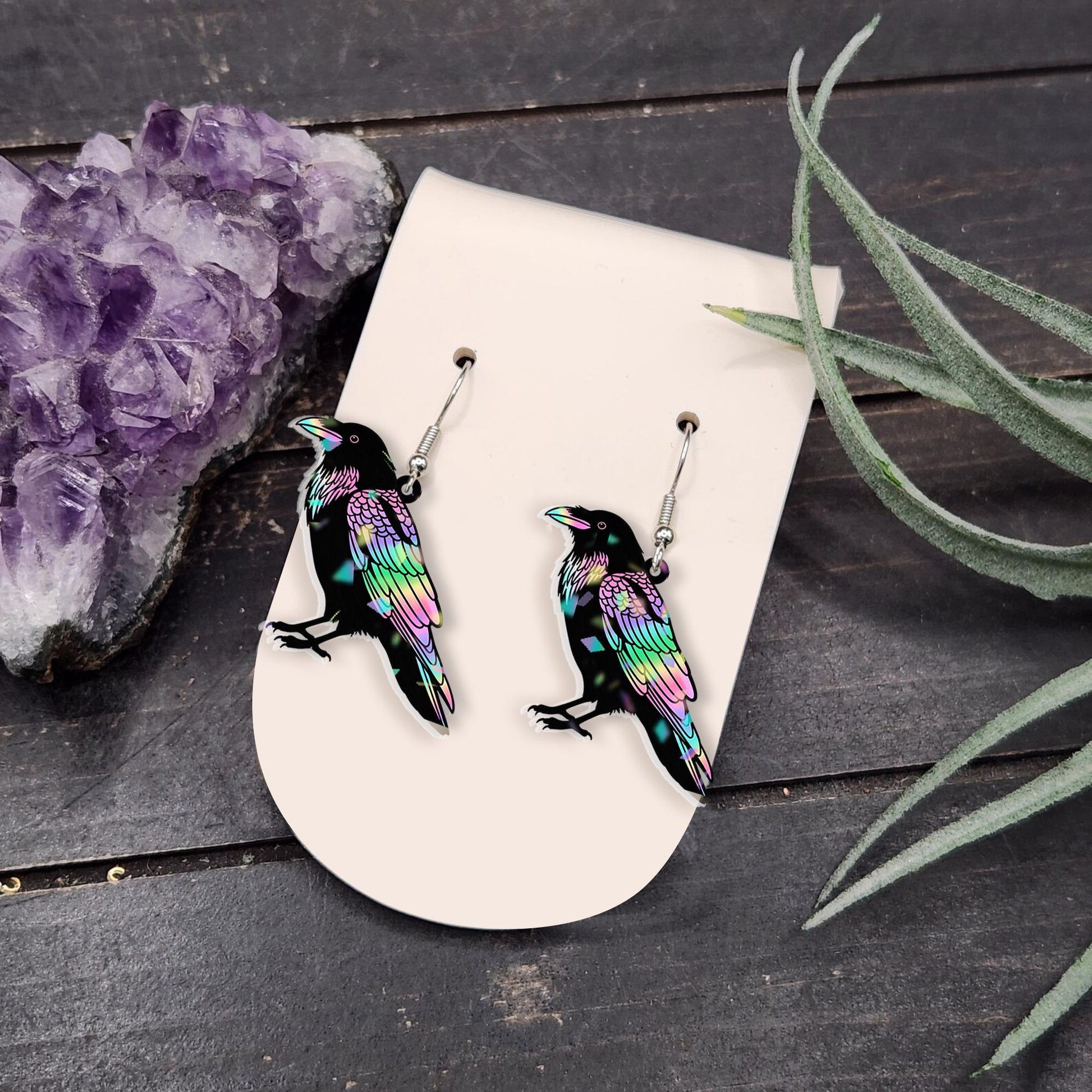 Hologram Raven Earrings | Gothic Crow Jewelry | Witchy Bird Dangle Earrings | Colorful Boho Gift | Spooky Statement Accessories