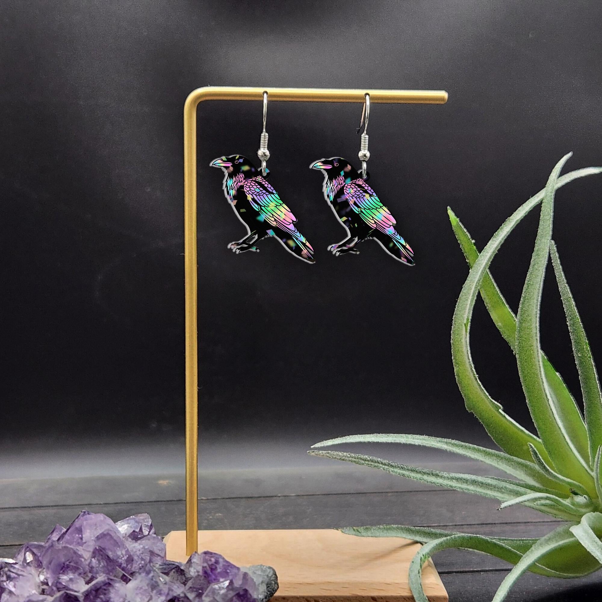 Hologram Raven Earrings | Gothic Crow Jewelry | Witchy Bird Dangle Earrings | Colorful Boho Gift | Spooky Statement Accessories