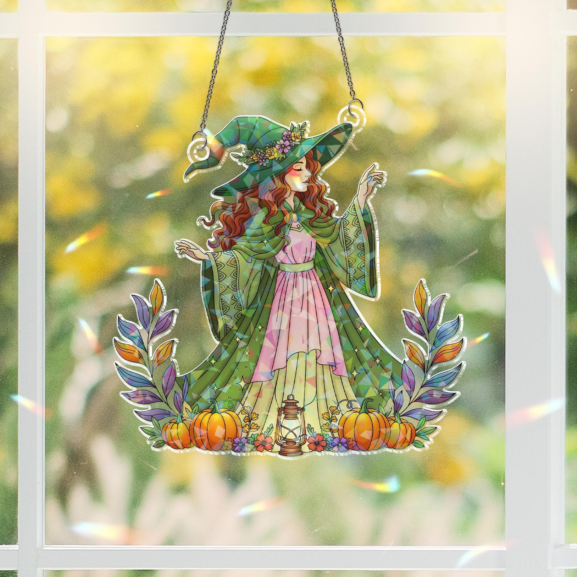 Holographic Witch Window Hanging: Autumn Pumpkin Sun Catcher