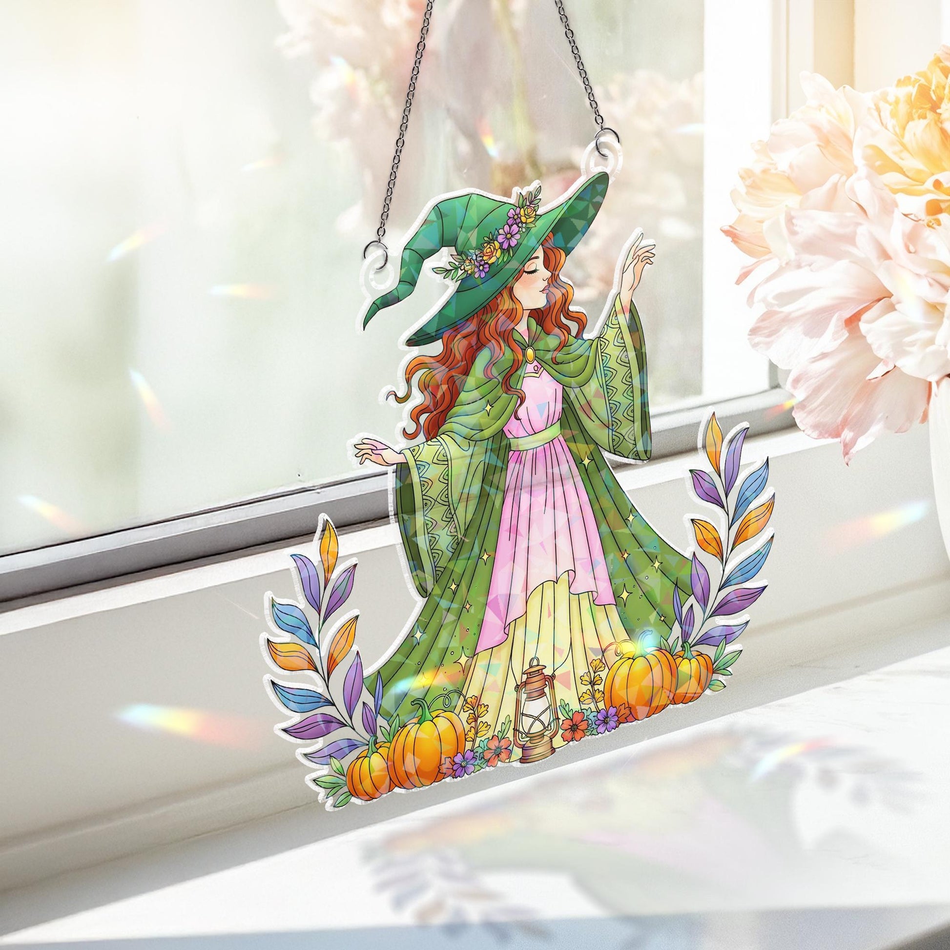 Holographic Witch Window Hanging: Autumn Pumpkin Sun Catcher