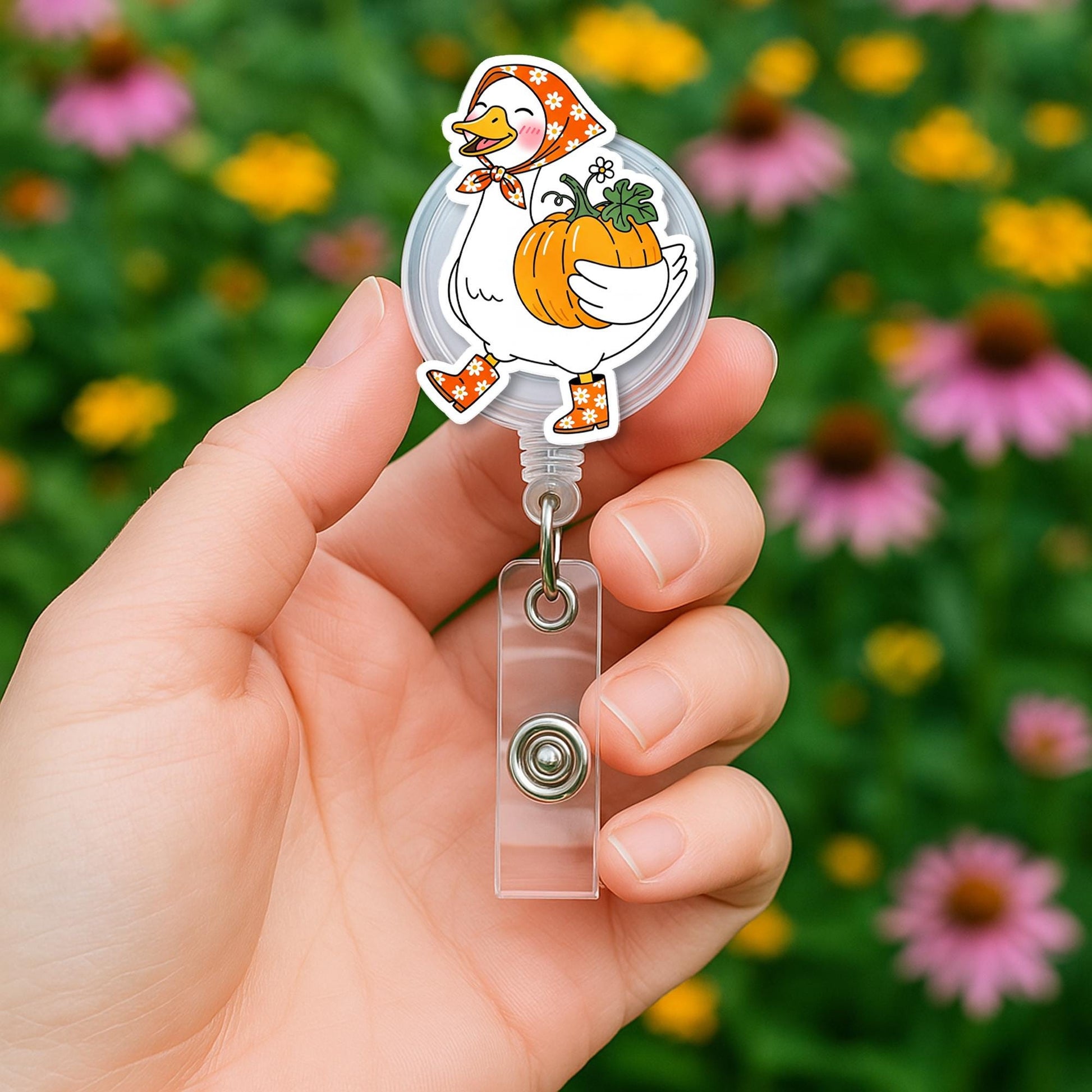 Goose Pumpkin Badge Reel | Cute Farm Animal ID Holder | Retractable Nurse Badge Clip | Fall Autumn Work Accessory Gift