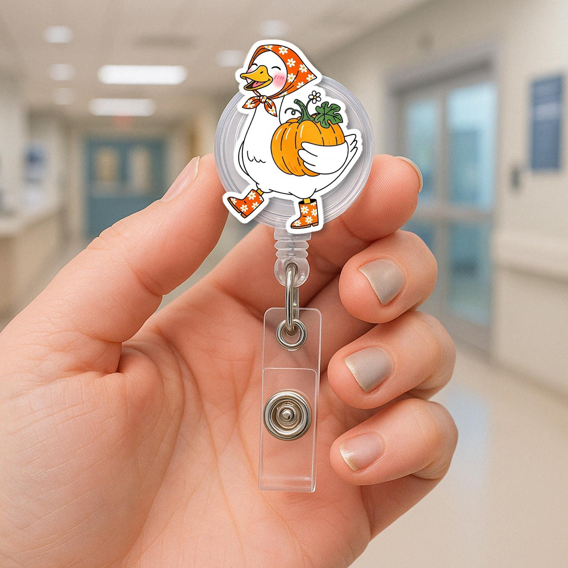 Goose Pumpkin Badge Reel | Cute Farm Animal ID Holder | Retractable Nurse Badge Clip | Fall Autumn Work Accessory Gift