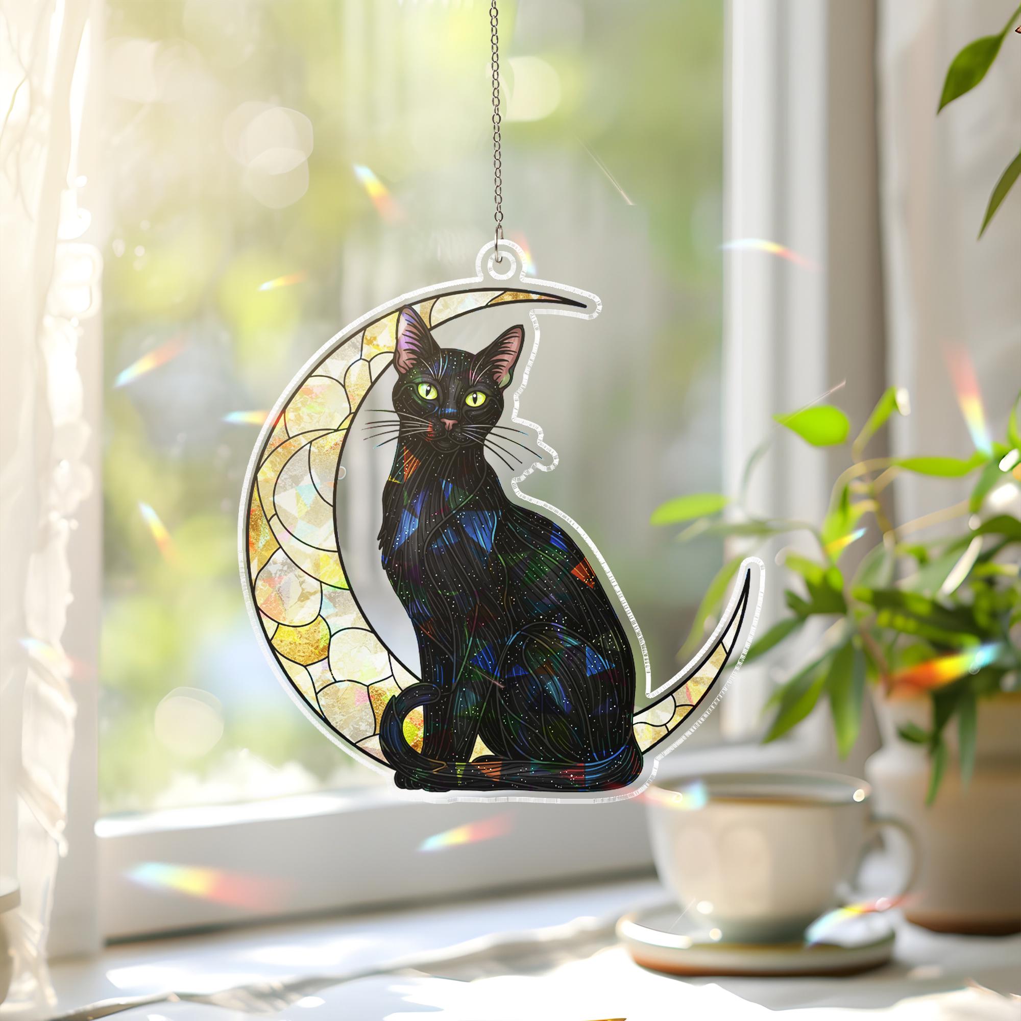 Black Cat Moon Hologram Window Hanging : Halloween Acrylic Sun Catcher Ornament