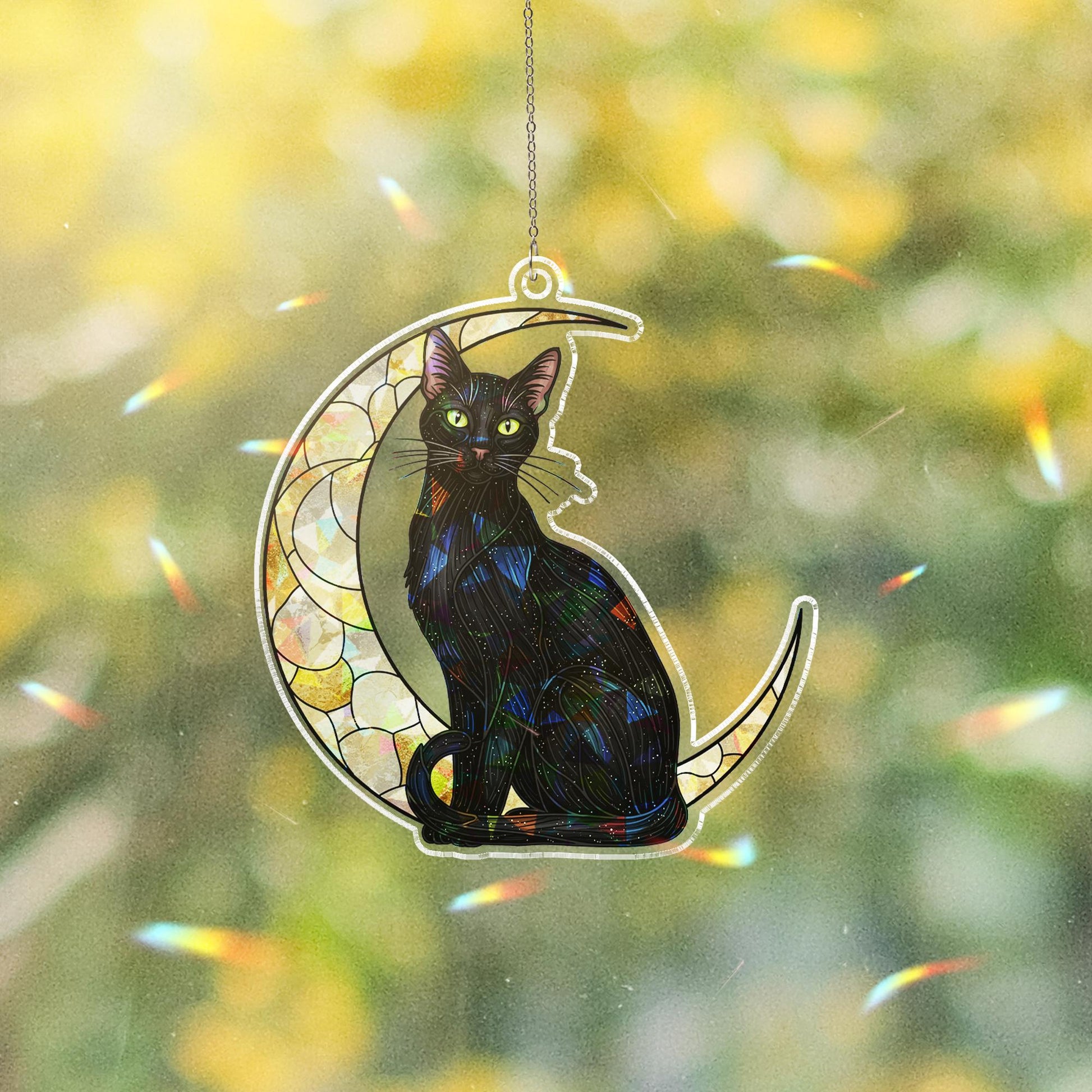Black Cat Moon Hologram Window Hanging : Halloween Acrylic Sun Catcher Ornament